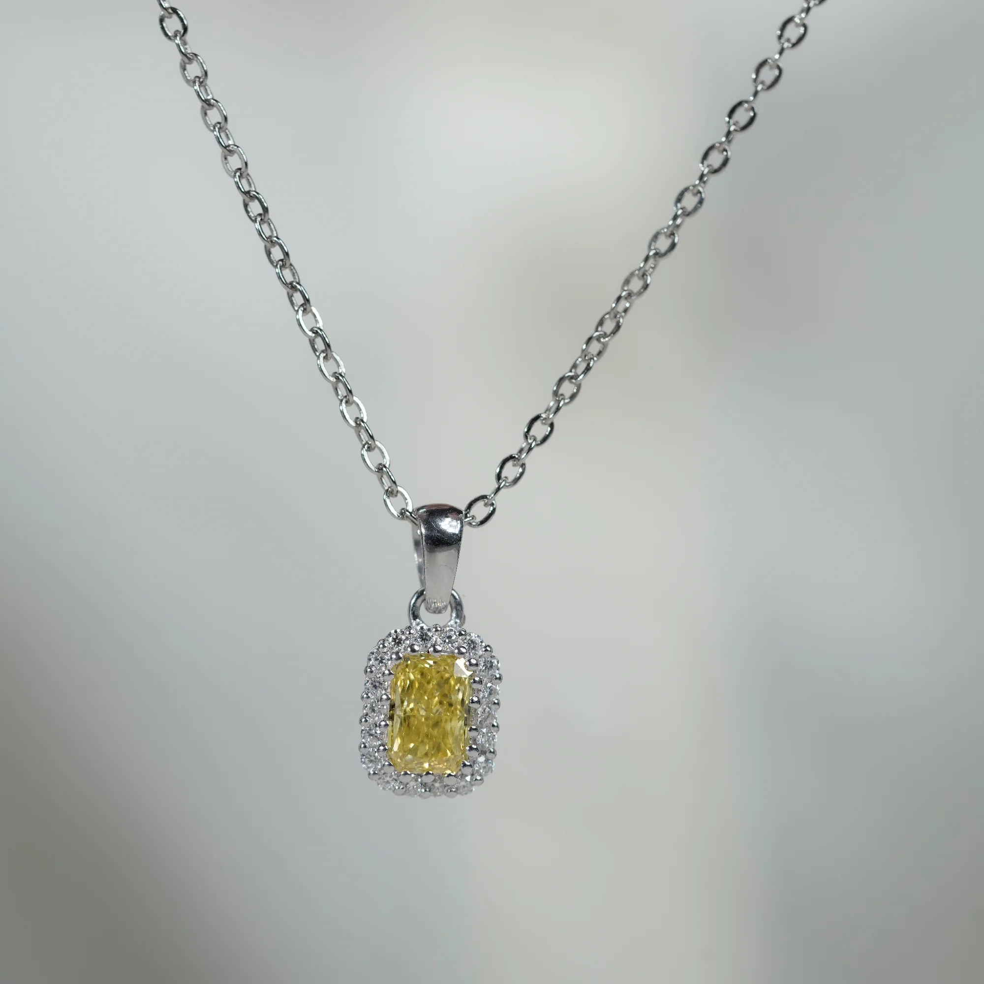 Vivid Yellow Radiant Cut Lab Diamond Pendant, 10K White Gold Double Halo Necklace — view 11