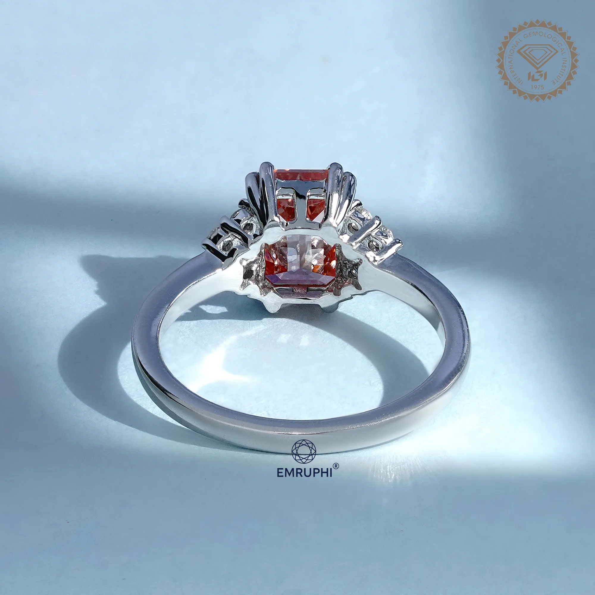 Emerald Cut Vivid Pink Lab-Grown Diamond Cluster Ring, Nature Inspired Ring, Emerald Cluster Ring, Emerald Wedding Ring in 18k Gold — view 4