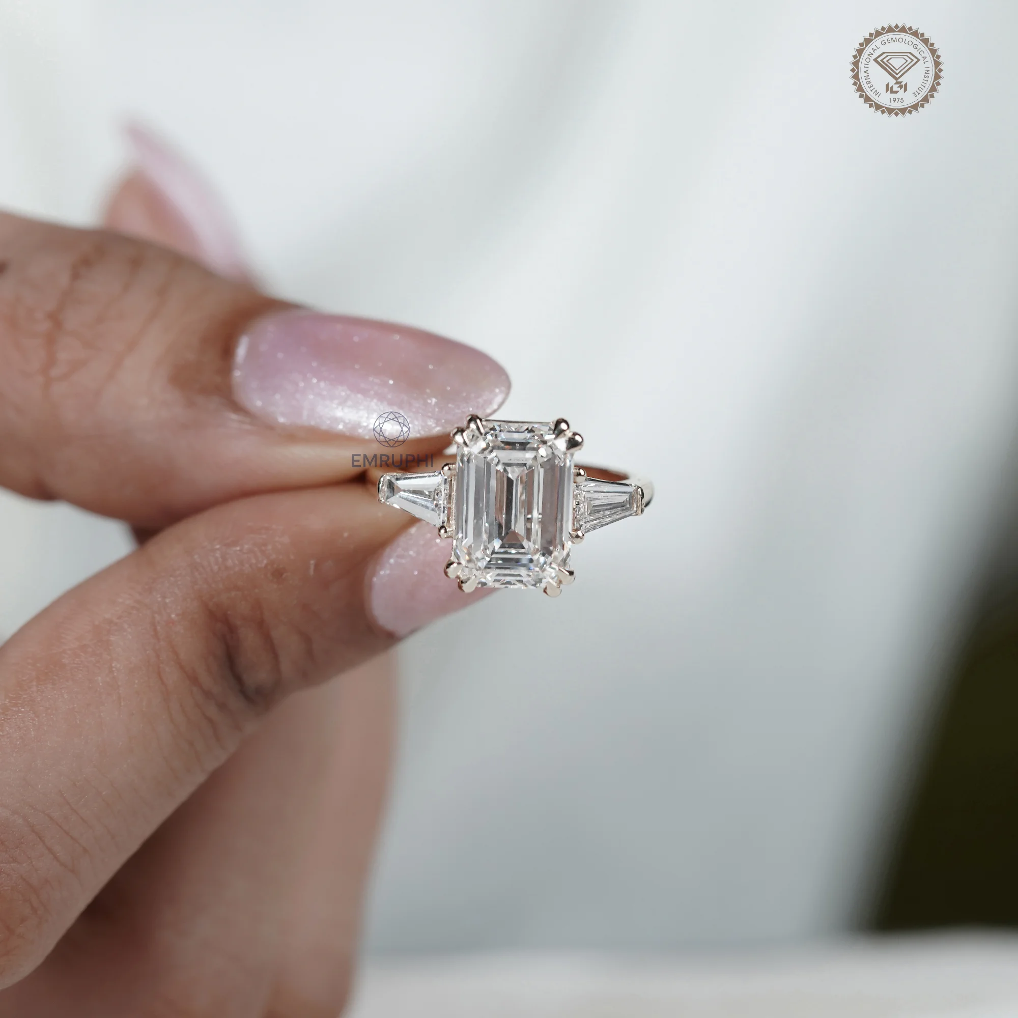 5 Carat Emerald Cut Lab Grown Diamond Engagement Ring , Trapezoid Side Stones — view 5
