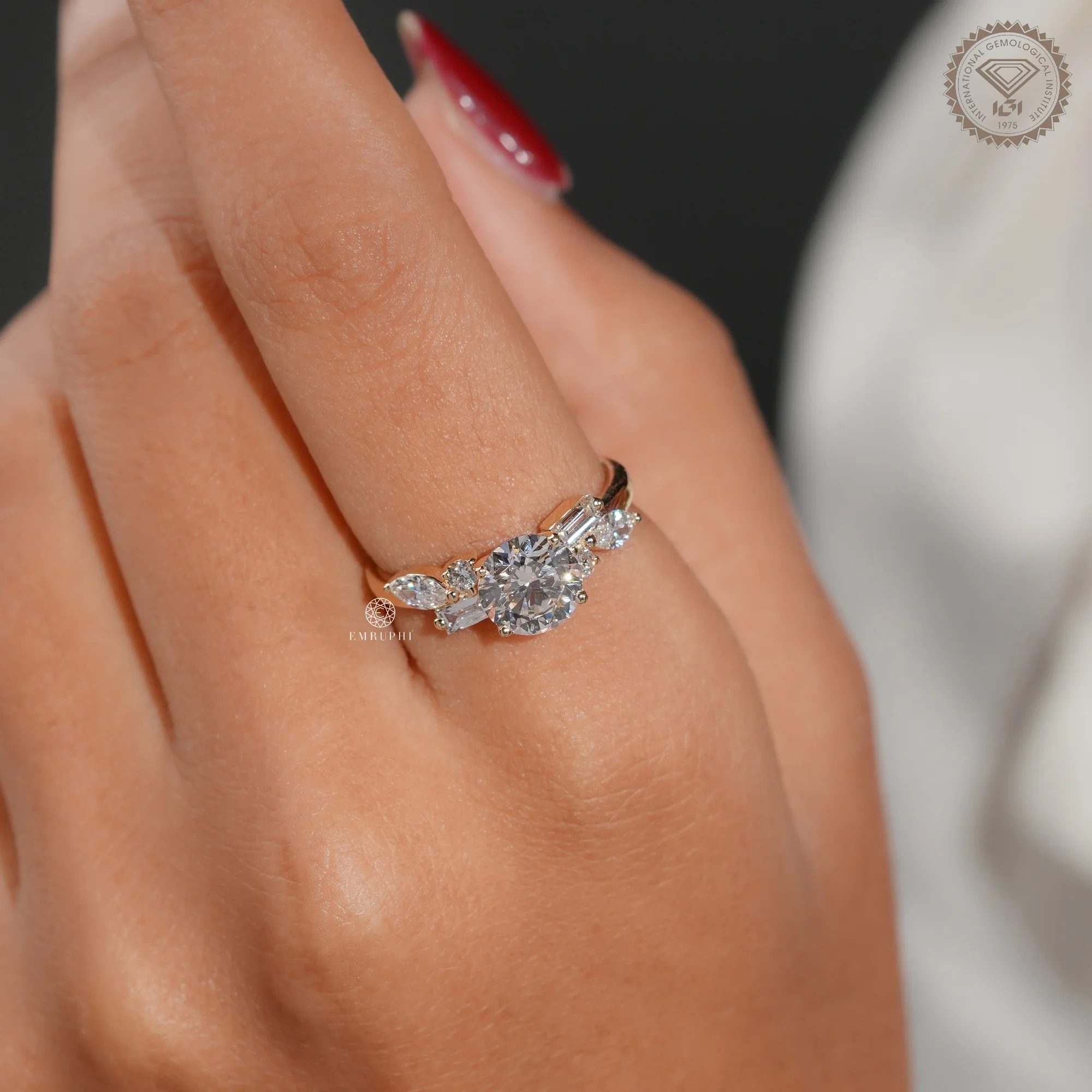 Round Cut Lab Grown Diamond Ring, Multi Shape Cluster Engagement Ring, Pear Baguette Accents — view 7