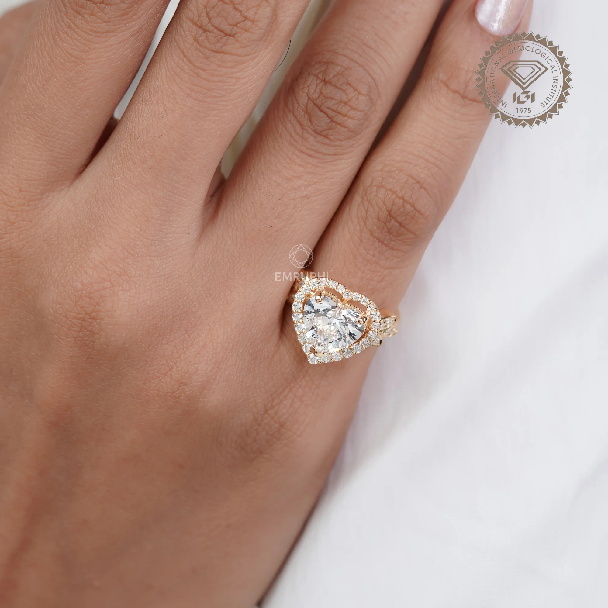 Heart Cut Halo Lab Grown Diamond Ring with Floral Side Accents, Romantic Heart Engagement Ring — view 12