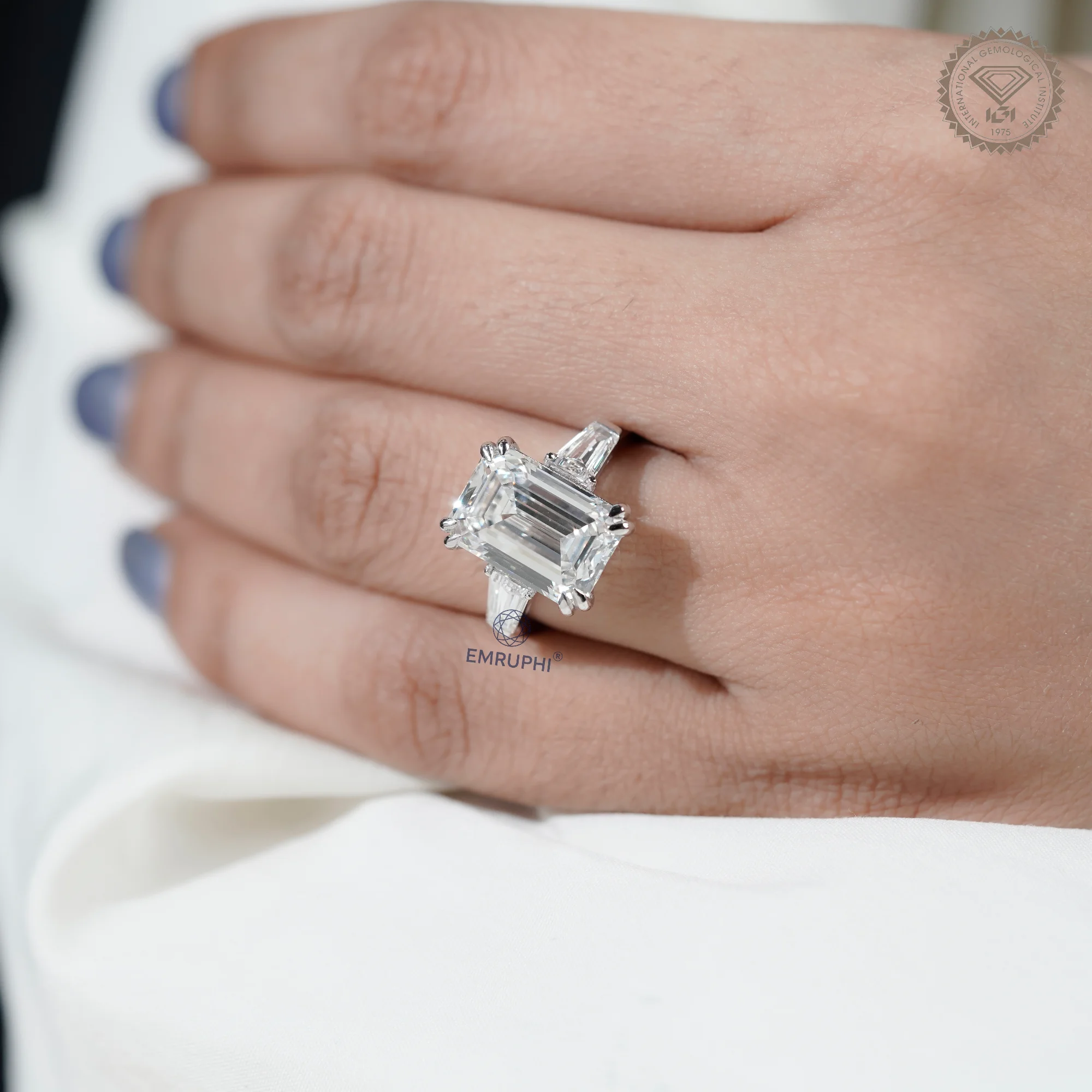 7 Carat Emerald Cut Lab Grown Diamond Engagement Ring | Trapezoid Side Stones — view 9