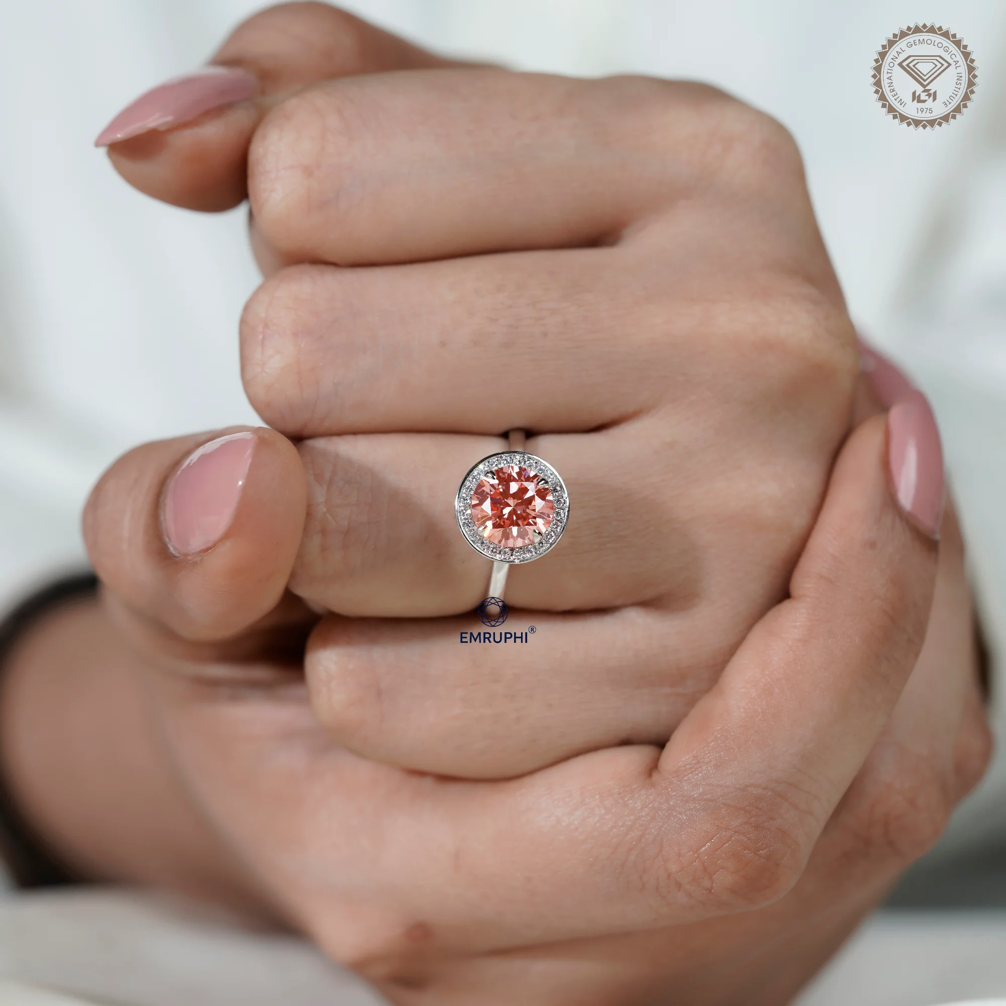 2 CT Round Halo Engagement Ring, Vivid Pink Center Stone, Diamond Halo Ring, Romantic Proposal Ring — view 9