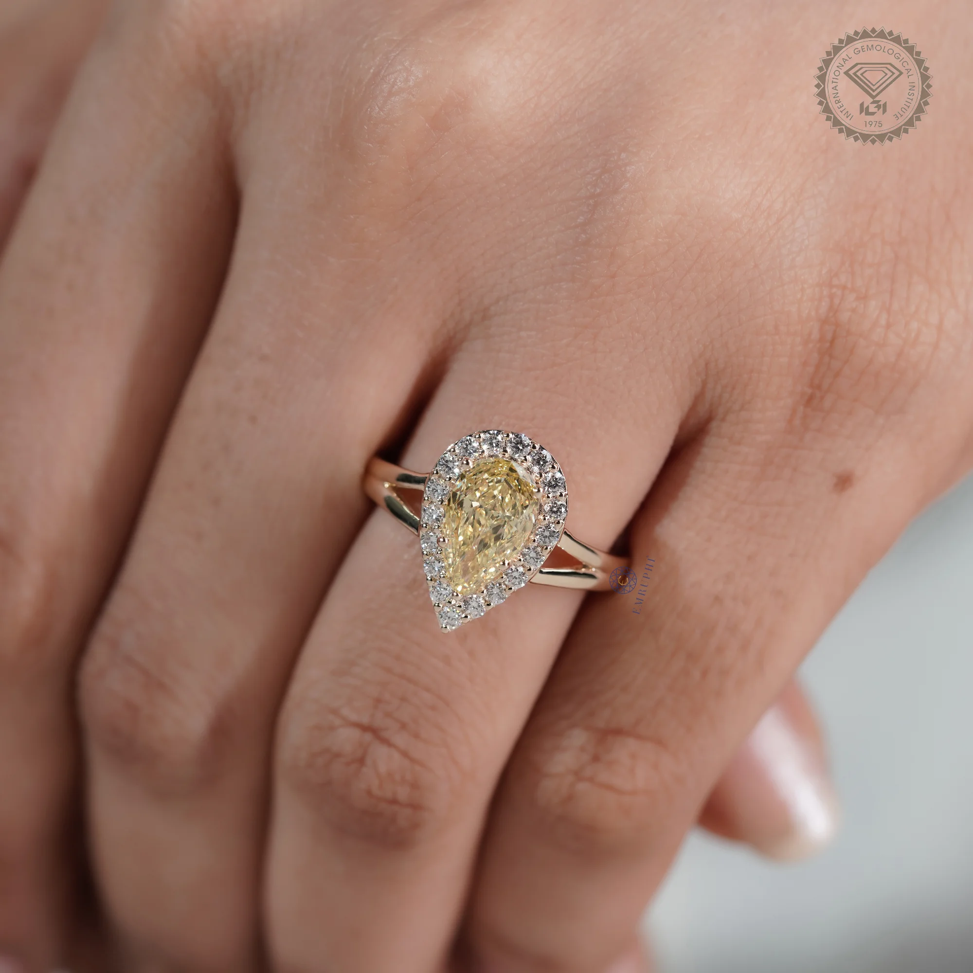 2.00 CT Pear Cut Yellow Lab Grown Diamond Halo Ring, Fancy Yellow Diamond Engagement Ring — view 8