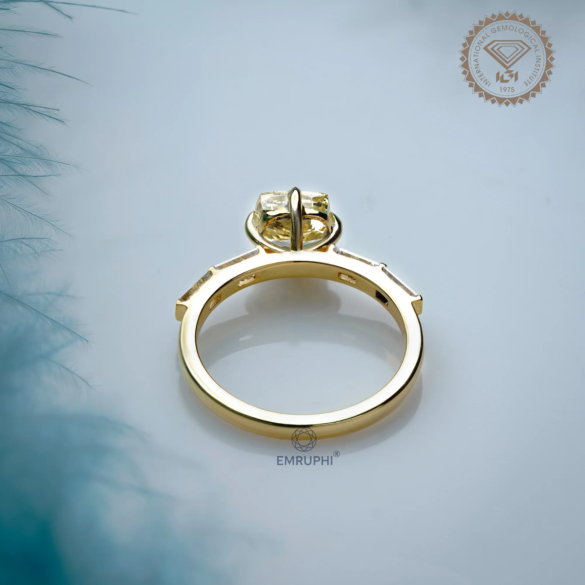 1.5 CT Vivid Yellow Cushion Cut Lab Diamond Ring, 18k Gold Baguette Side Stones — view 4