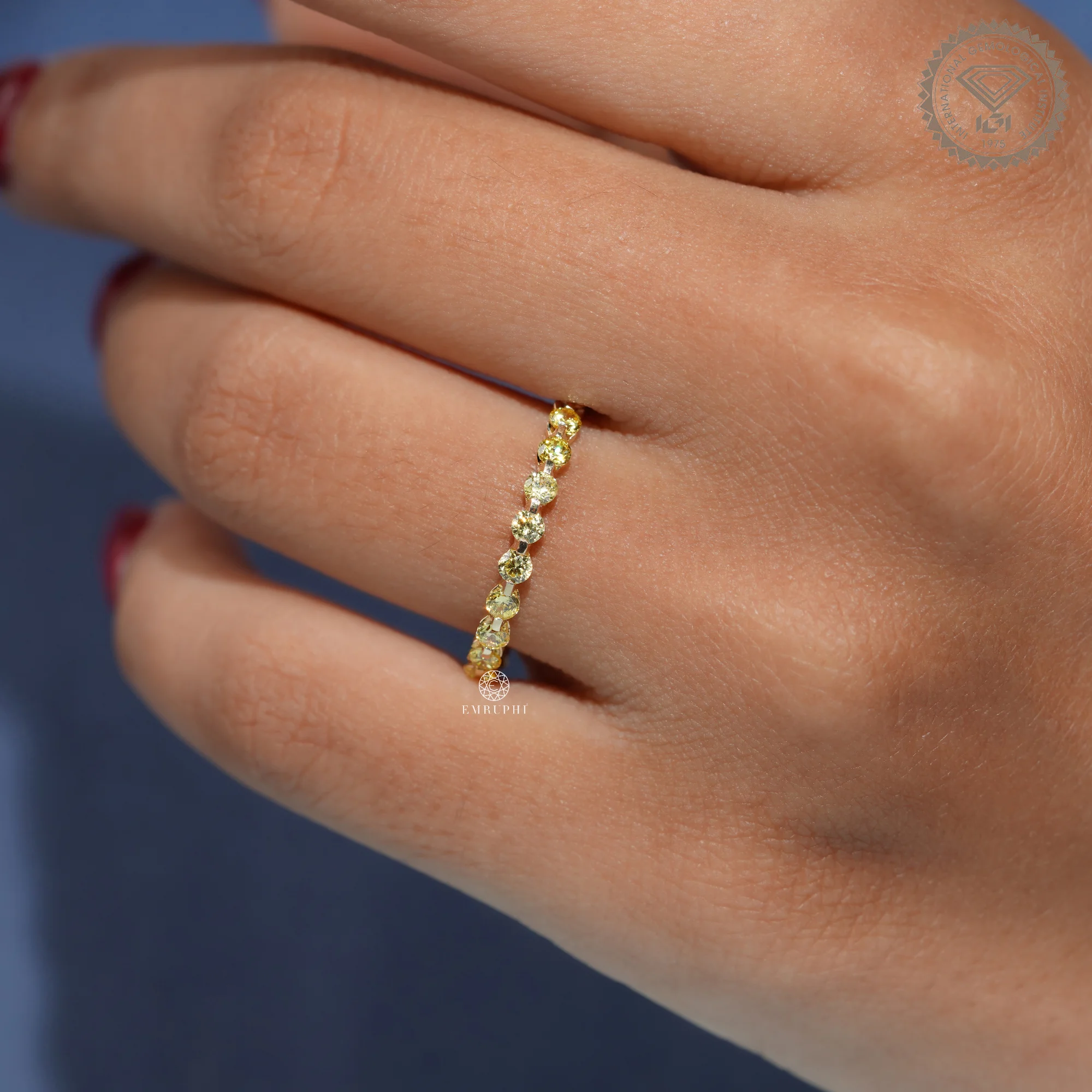 Fancy Yellow Diamond Eternity Band, Round Vivid Yellow Wedding Band — view 8