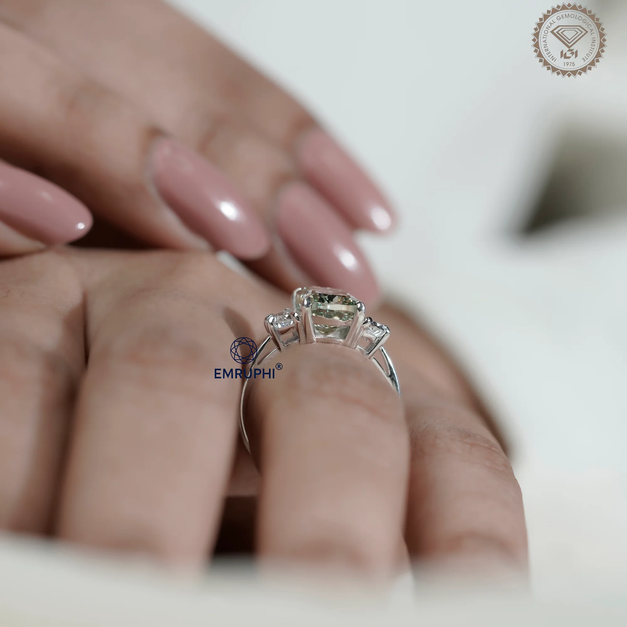 Vivid Green Cushion Diamond Three Stone Ring, 14K Gold Engagement Ring (IGI Certified) — view 15