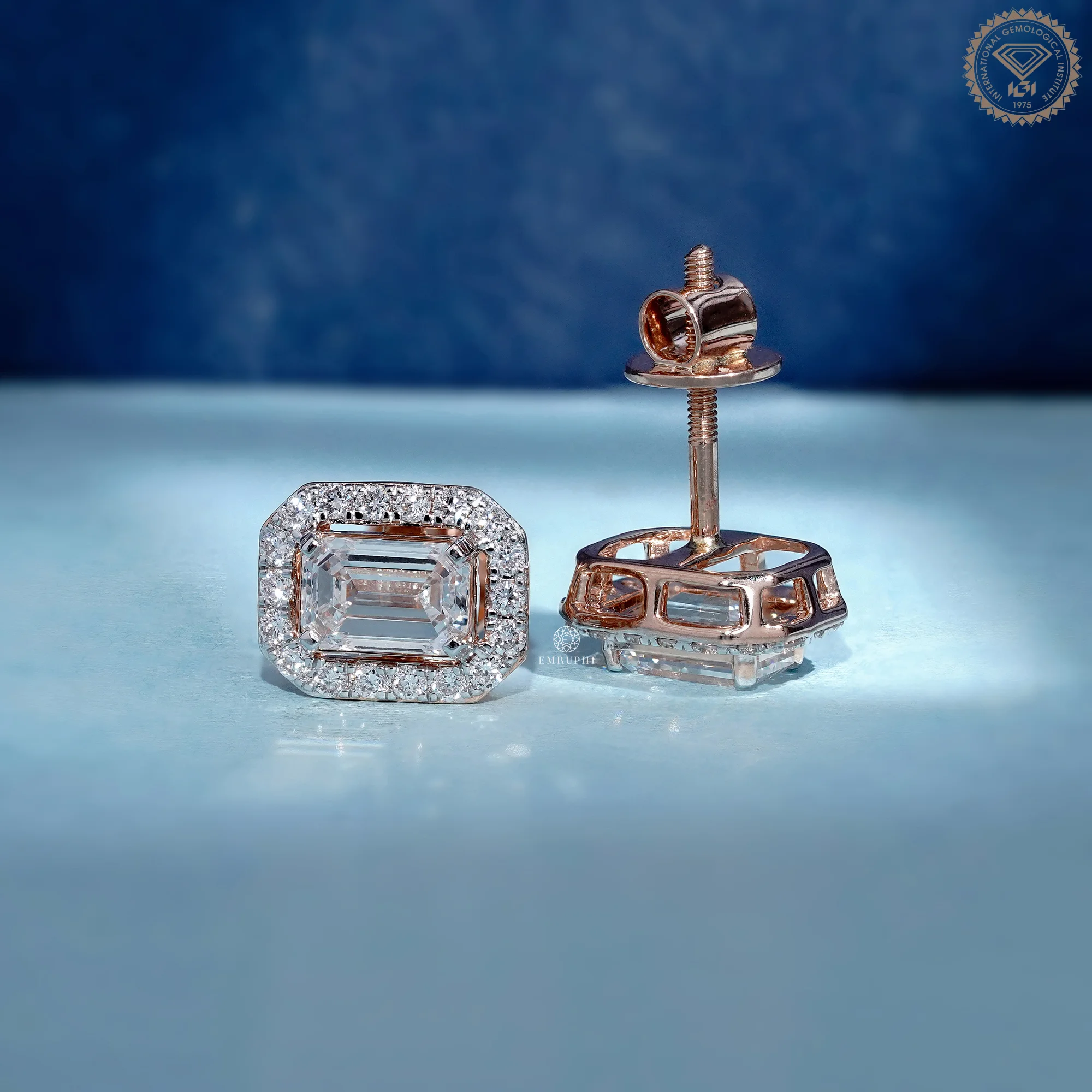 Emerald Cut Lab Grown Diamond Halo Earrings, Rose Gold Two Tone Studs — view 3