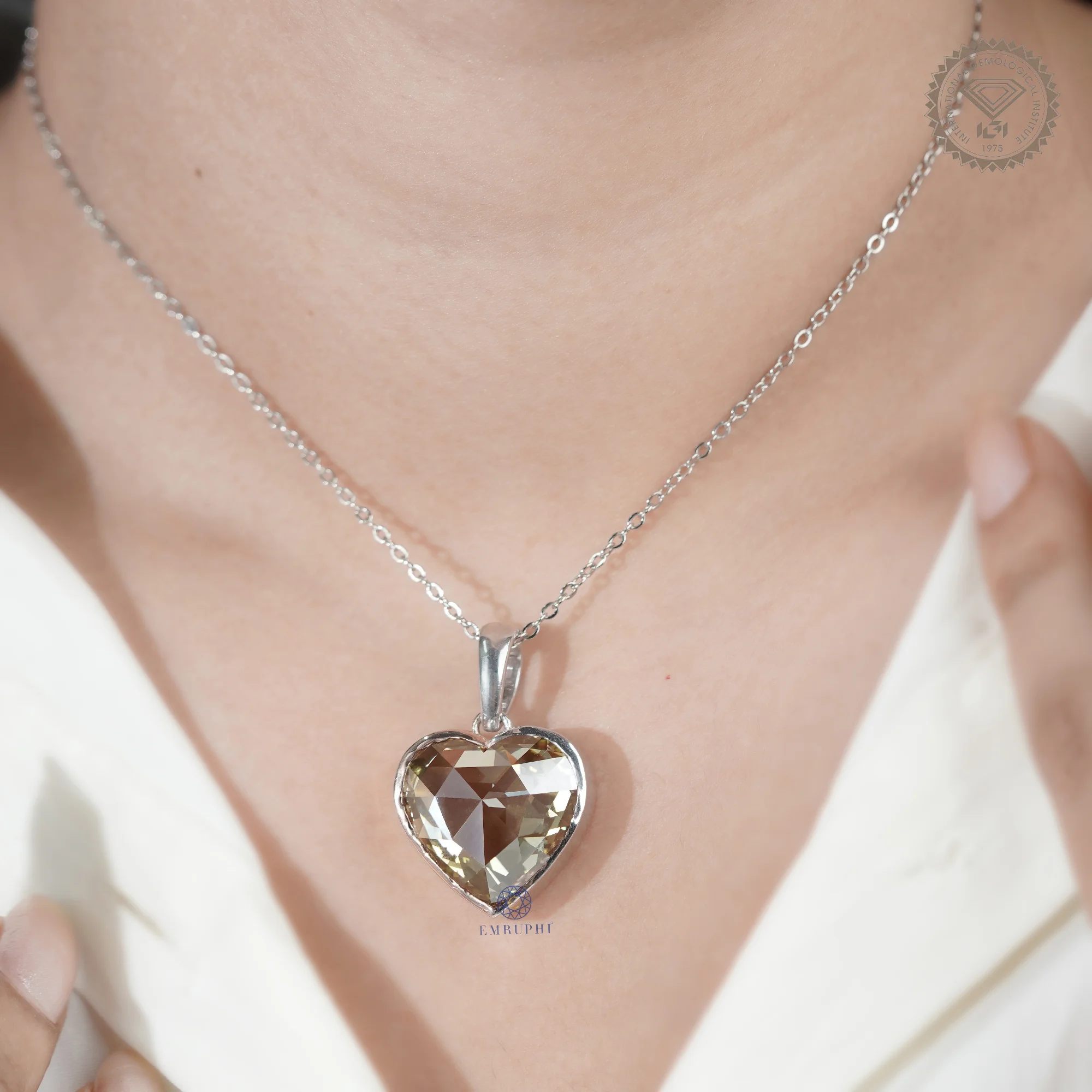 17 CT Heart Rose Cut Lab Grown Diamond Pendant, Vivid Green Color Diamond, Heart Bezel Necklace For Women — view 8