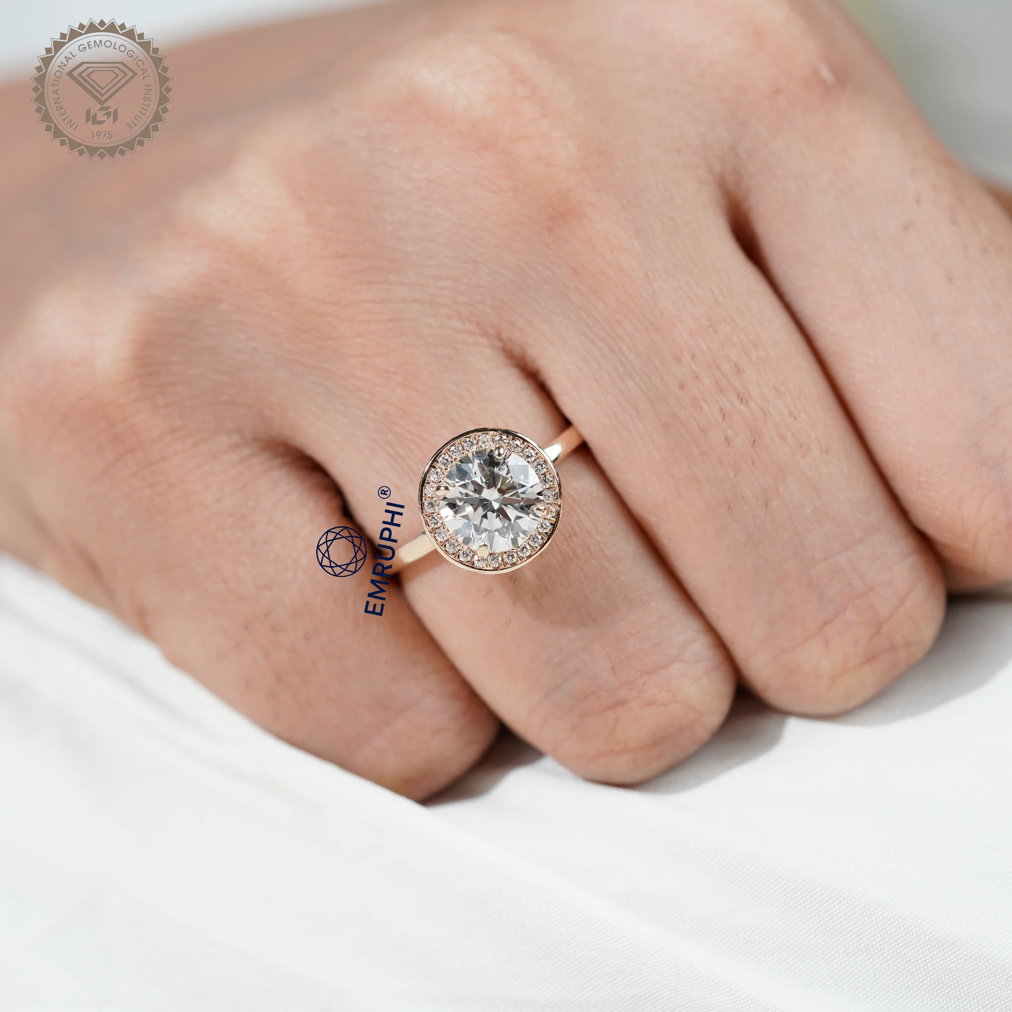 Round Cut Halo Engagement Ring in 14k Gold, Bezel Set Wedding Ring — view 11