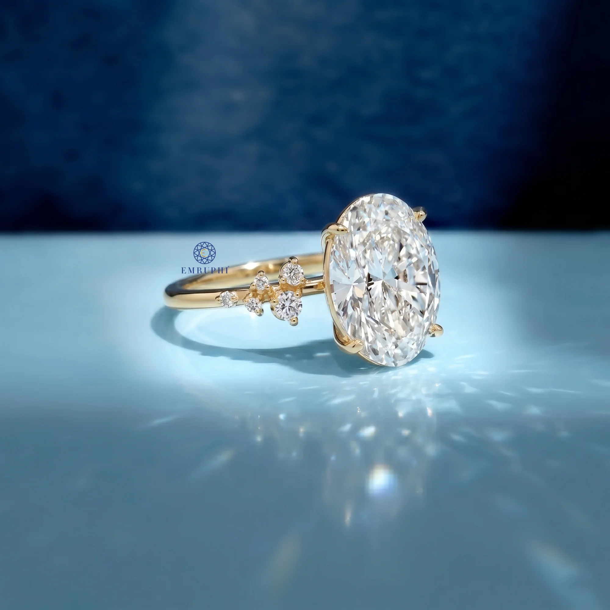 3.5 CT Oval Lab Grown Diamond Cluster Engagement Ring, Oval Cut Diamond Ring, 14K Gold Floral Cluster Ring — view 3