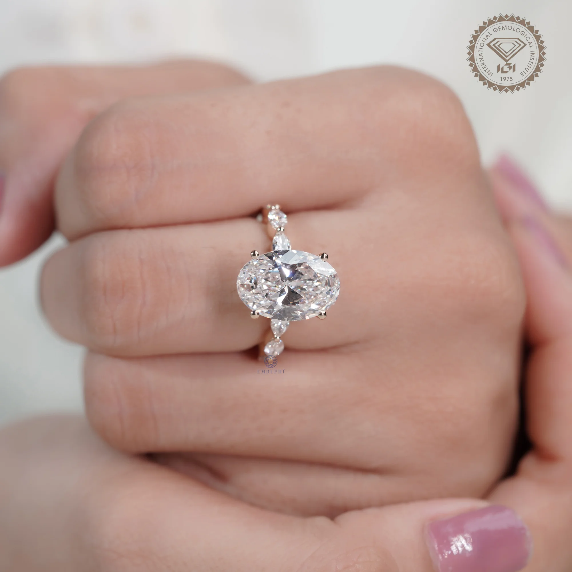 5 CT Oval Lab Grown Diamond Ring, Oval Diamond Engagement Ring, Marquise Side Stone Ring — view 10
