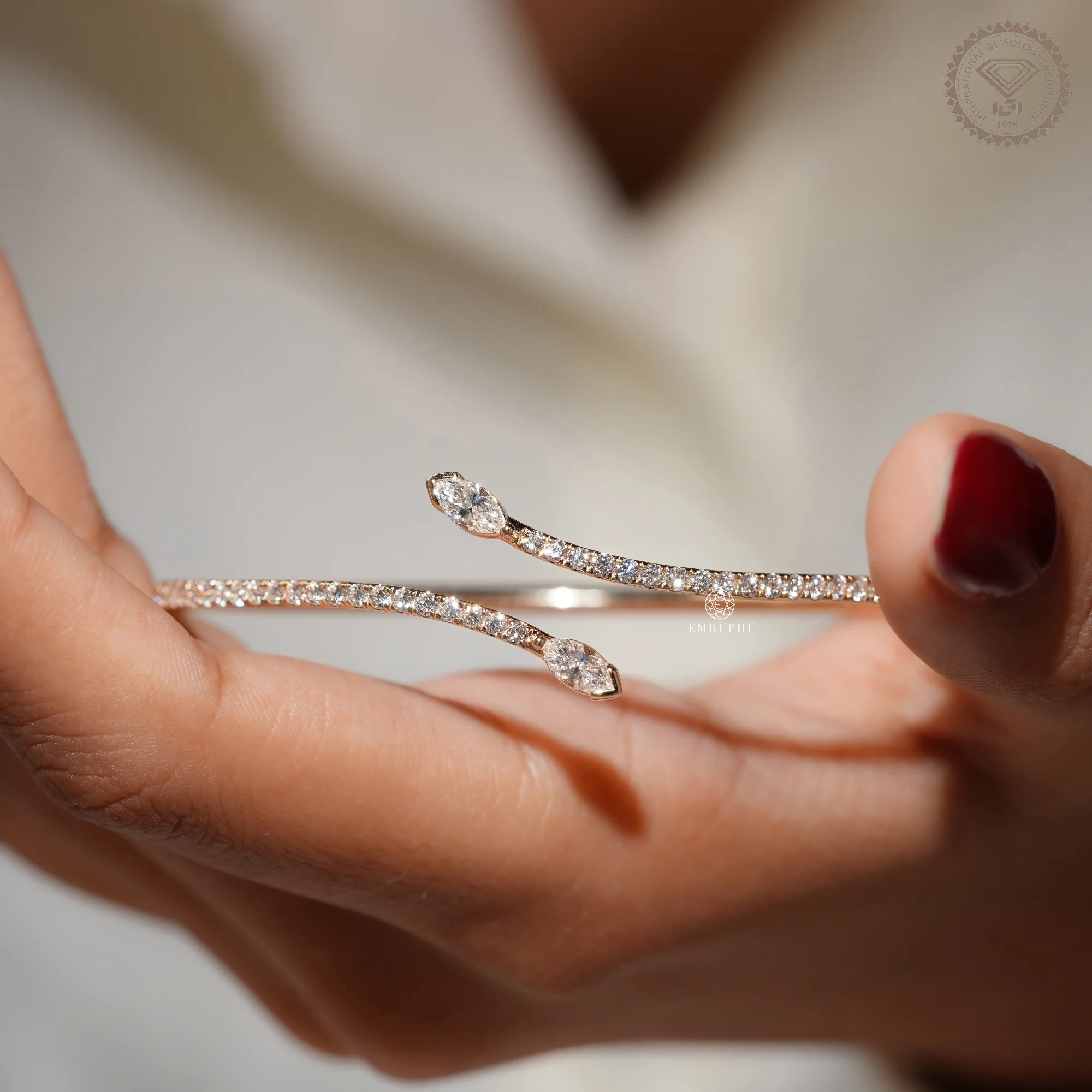 Open Cuff Diamond Bangle Bracelet, Marquise Pave Bracelet, 14K Cross Over Bangle — view 7