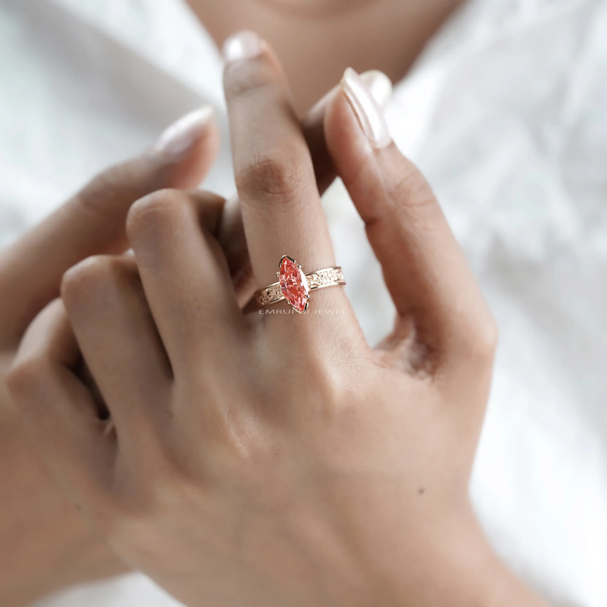 14K Gold Marquise Pink Lab Diamond Ring, 2.00 CT Vintage Engagement Ring, IGI Certified — view 10
