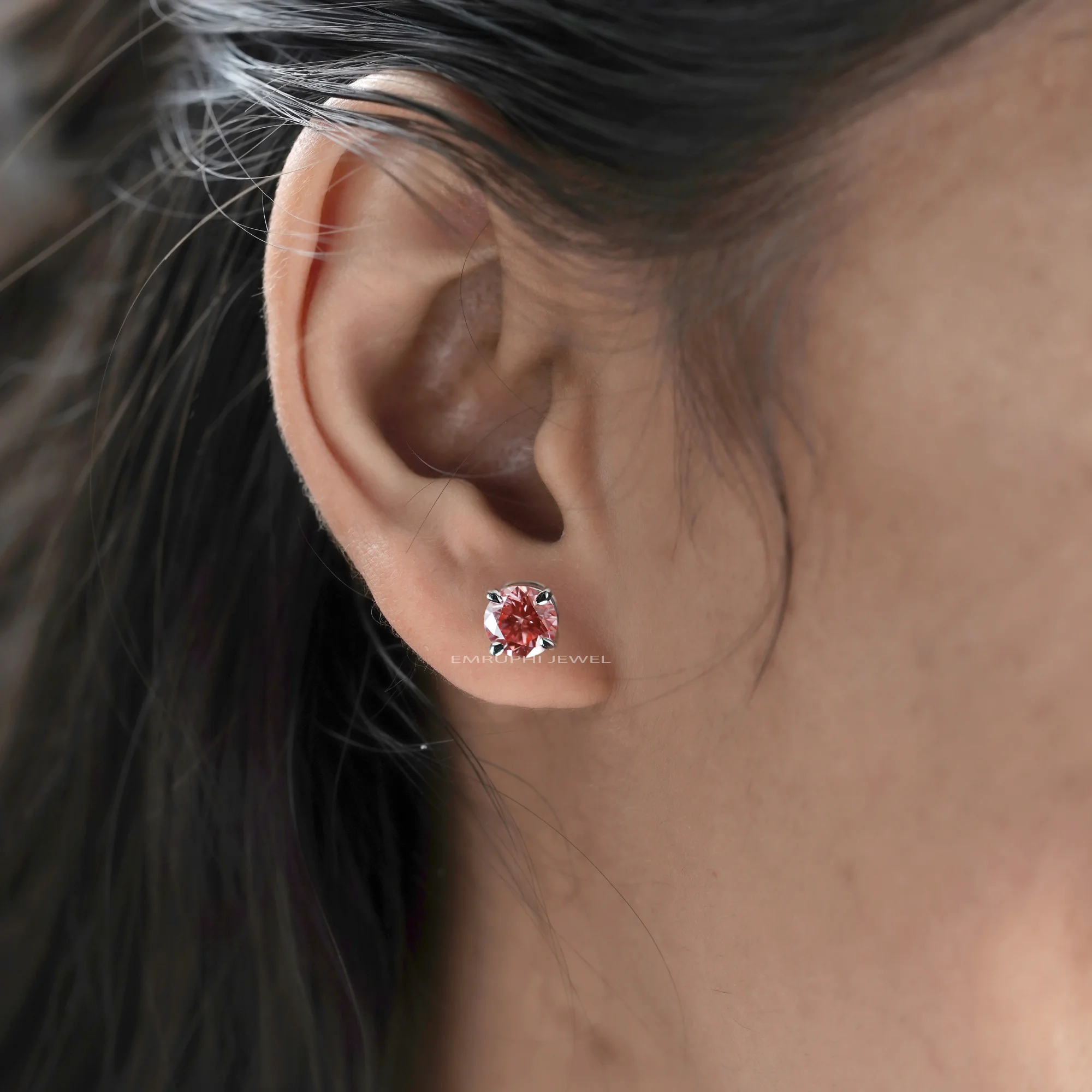 Lab Grown Pink Diamond Stud Earrings, 1 CT Round White Gold Solitaire (IGI Certified) — view 9
