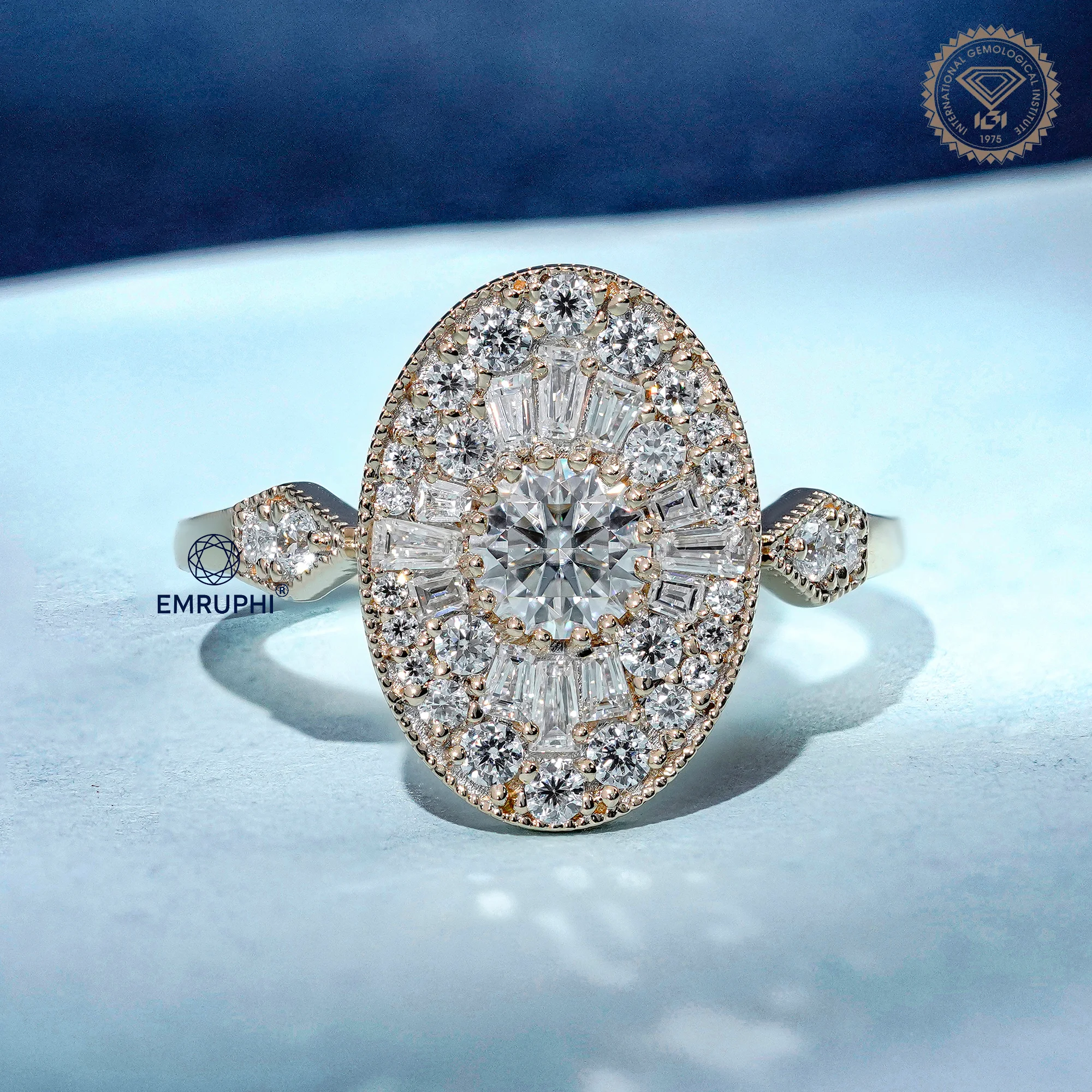 Oval Mosaic Moissanite Ring | Art Deco Brilliant Cut Engagement Ring