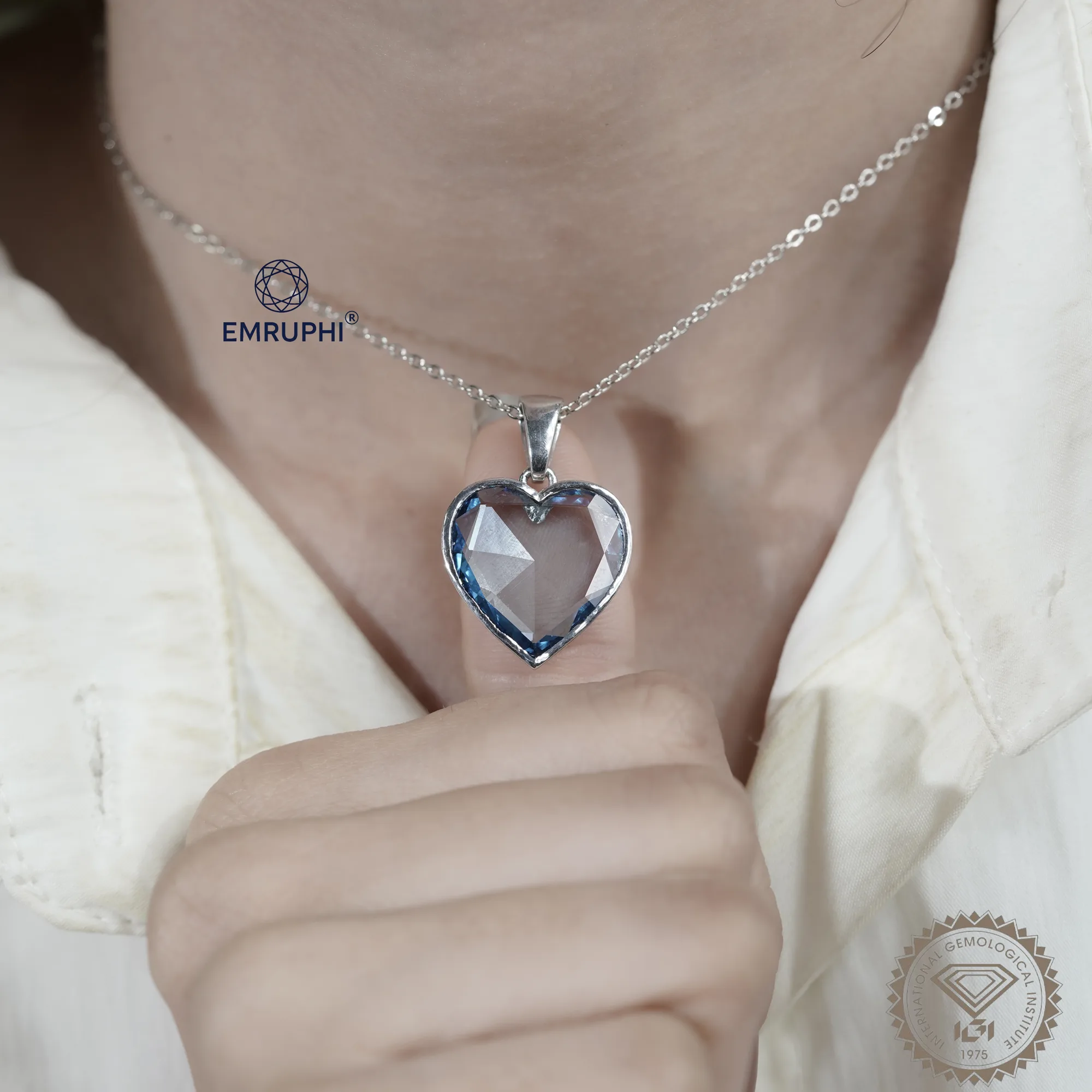 7 CT Vivid Blue Heart Diamond Pendant Necklace in 14K Gold — view 5