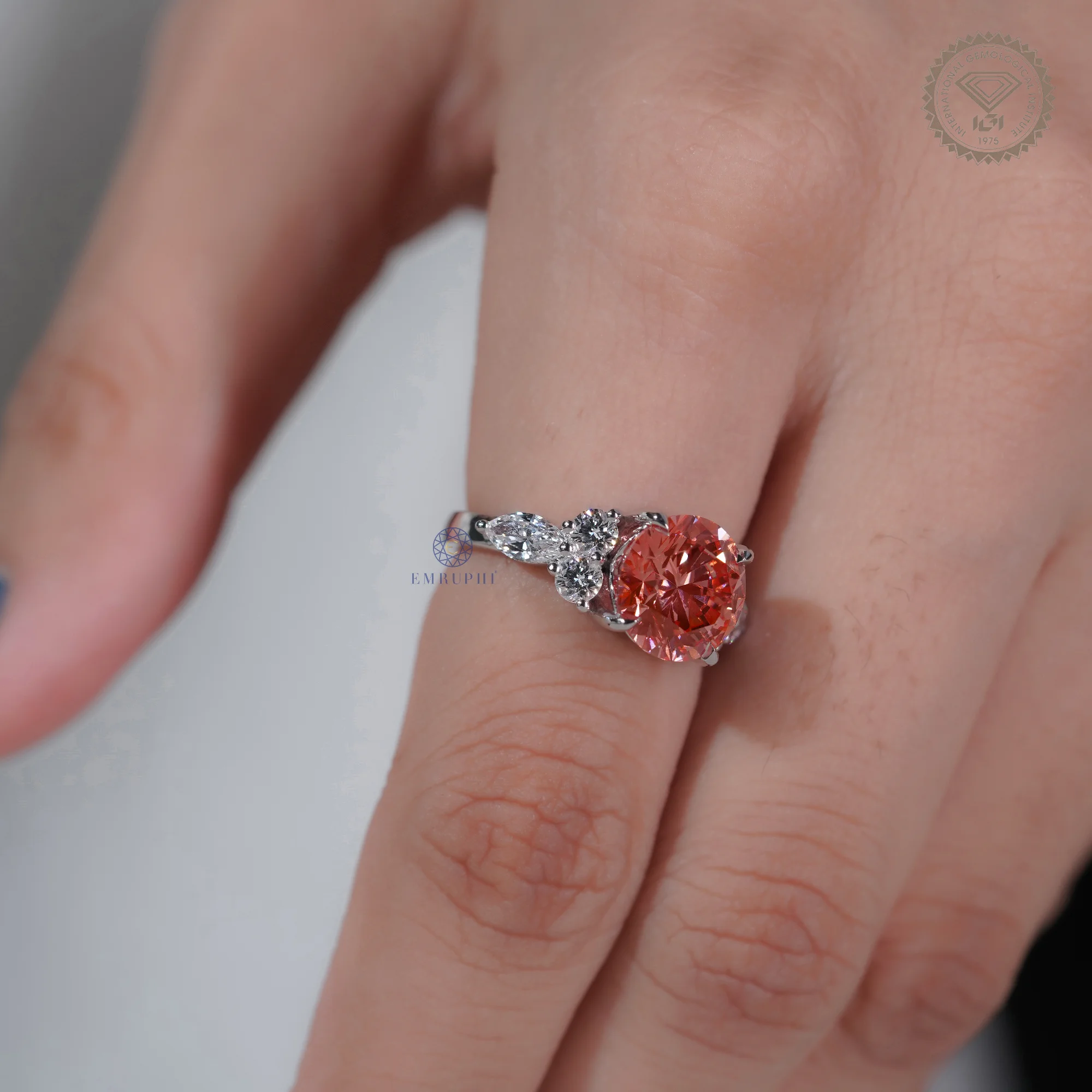 3 CT Round Vivid Pink Diamond Ring, Pink Lab Grown Diamond Engagement Ring — view 7