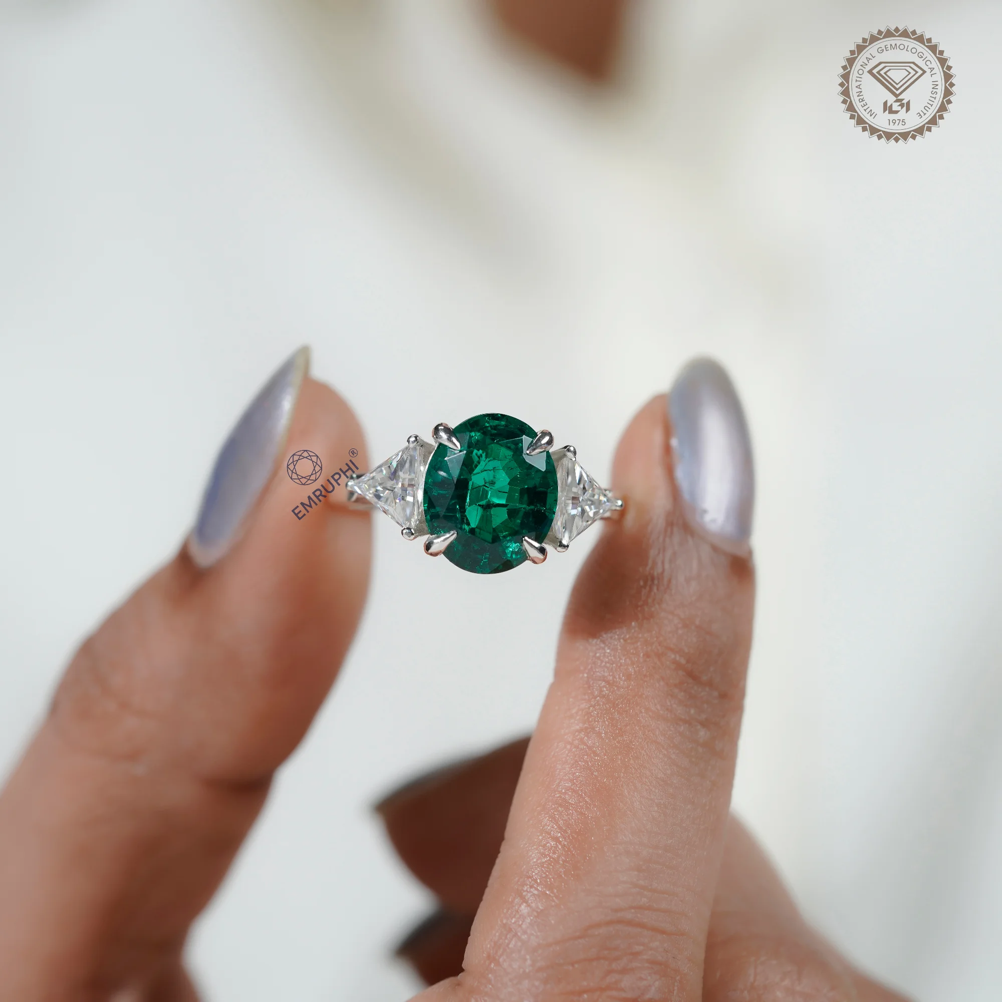 4.5 CT Oval Green Lab Grown Diamond Ring, Trillion Moissanite Sides — view 5