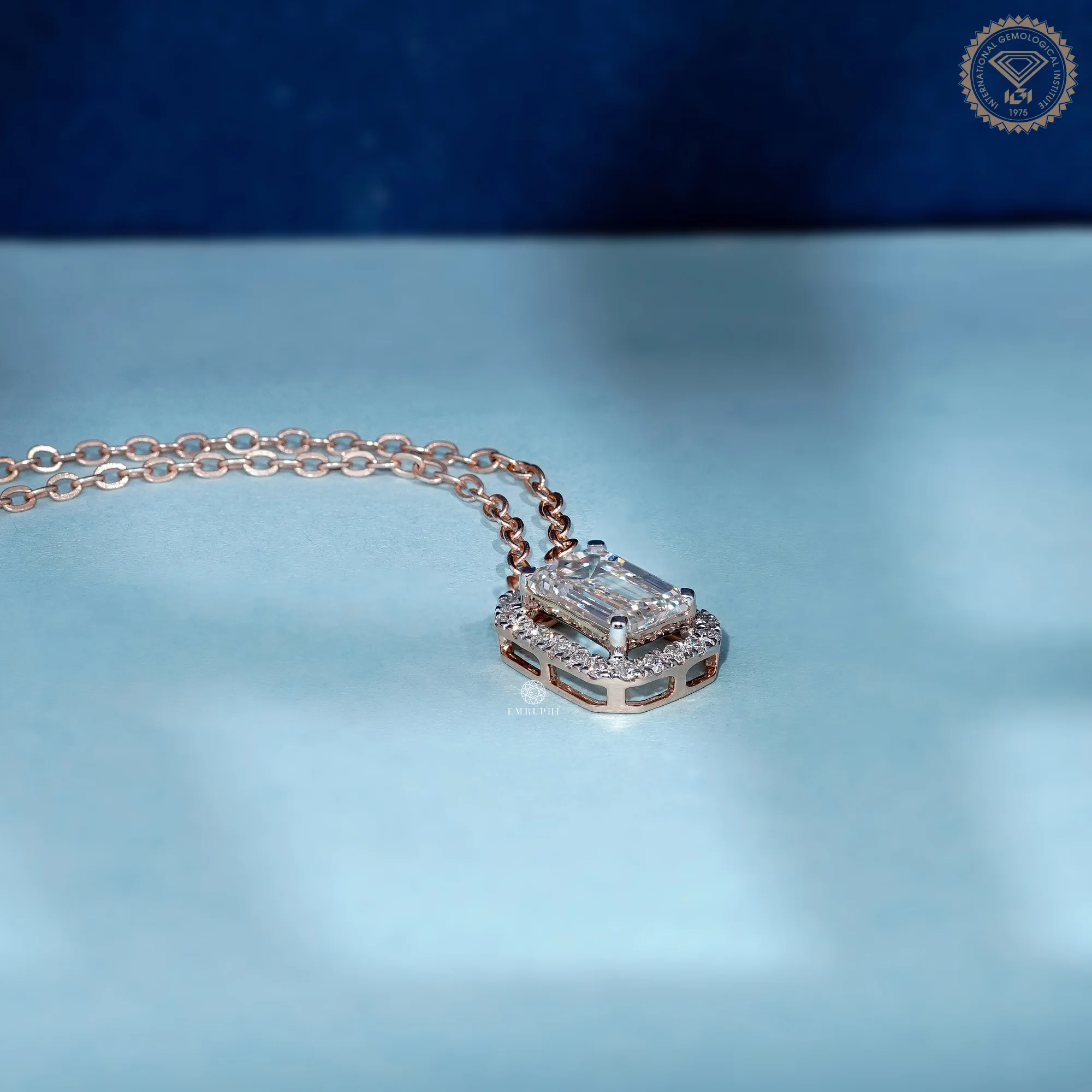 1 CT Emerald Cut Lab Grown Diamond Necklace, Halo Pendant Rose Gold Chain, Two Tone Pendant — view 3