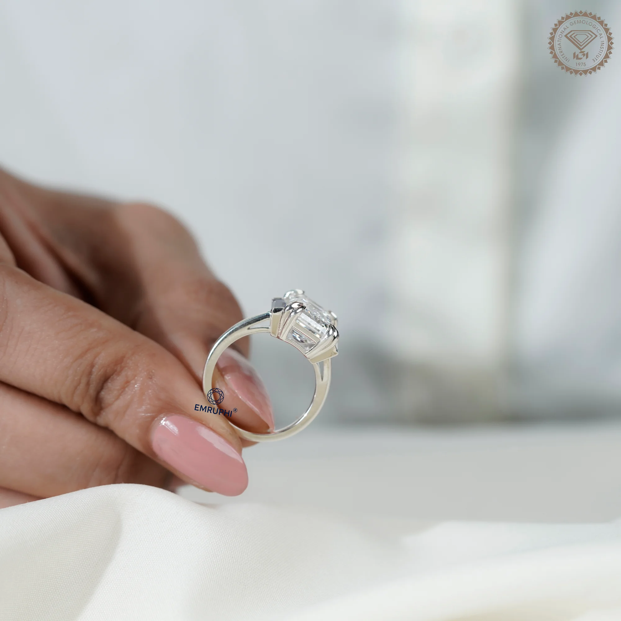 6 CT Emerald Cut Three Stone Engagement Ring with Sapphire Side Stones, Lab Grown Diamond Ring, Vintage Bridal Ring — view 7