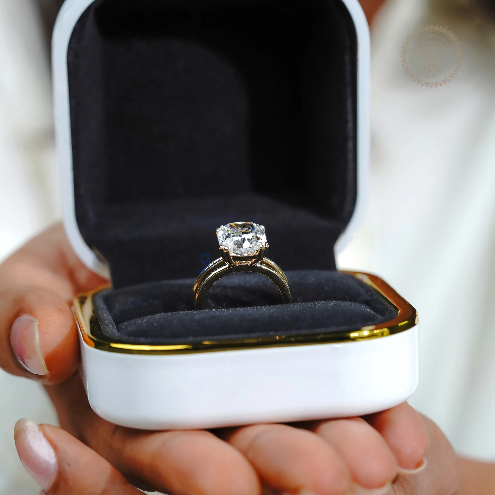 6 Carat Cushion Lab Grown Diamond Engagement Ring, Gold Solitaire Ring — view 6