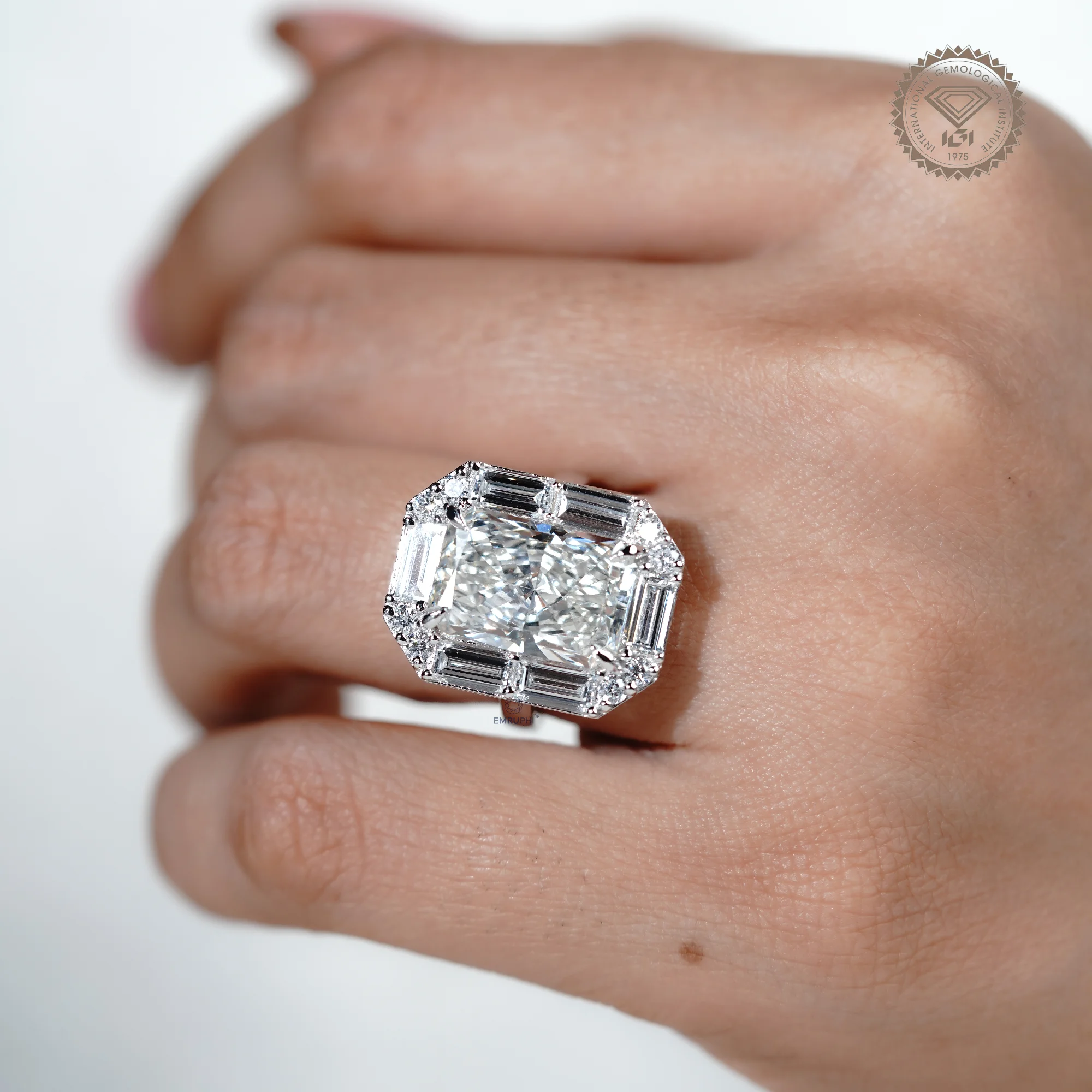 Radiant Cut Lab Grown Halo Diamond Ring, Baguette Diamond Halo Wedding Ring, Conflict Free Diamond — view 15