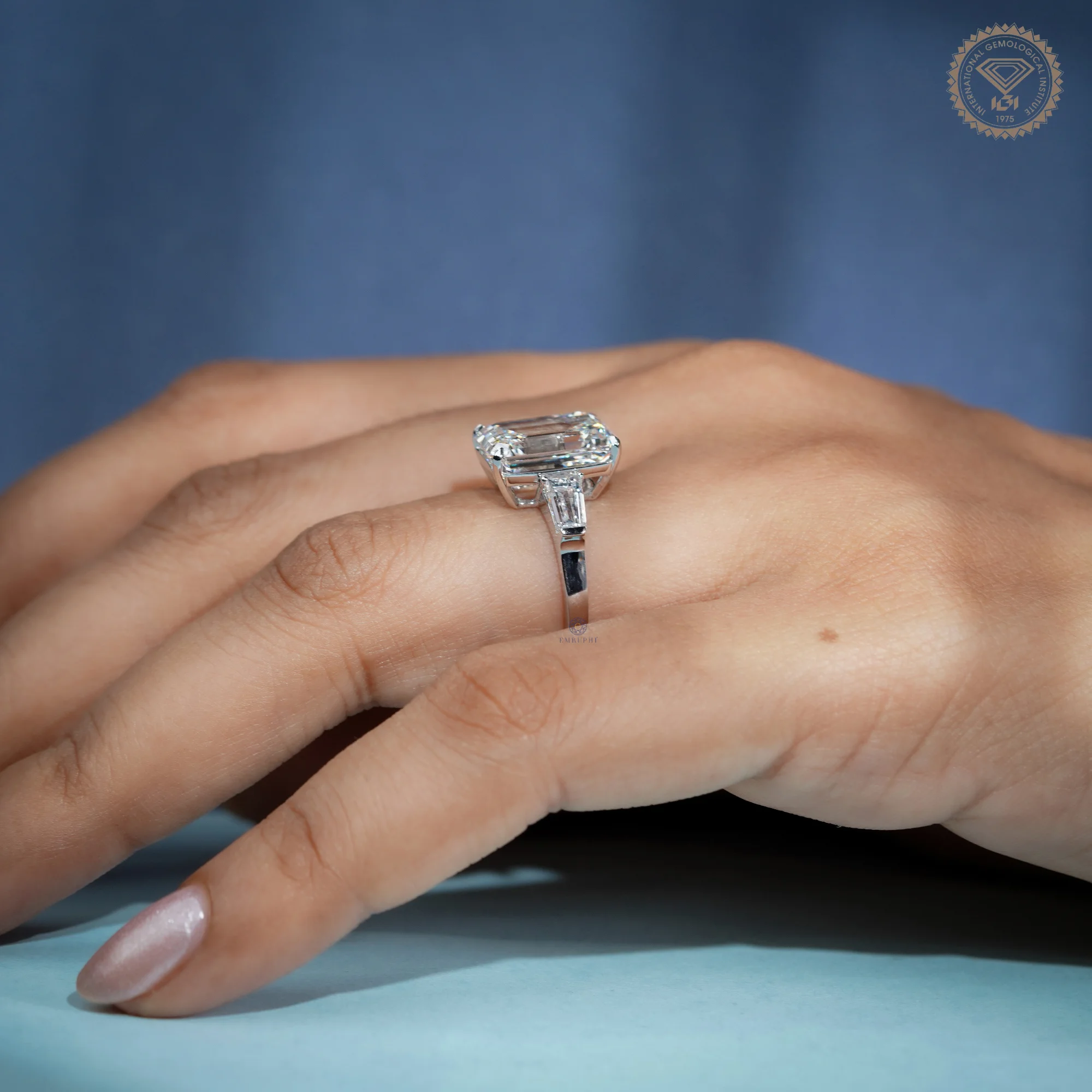 6 CT Emerald Cut Lab Grown Diamond Ring, Tapered Baguette Three Stone Engagement Ring, IGI Certified — view 9