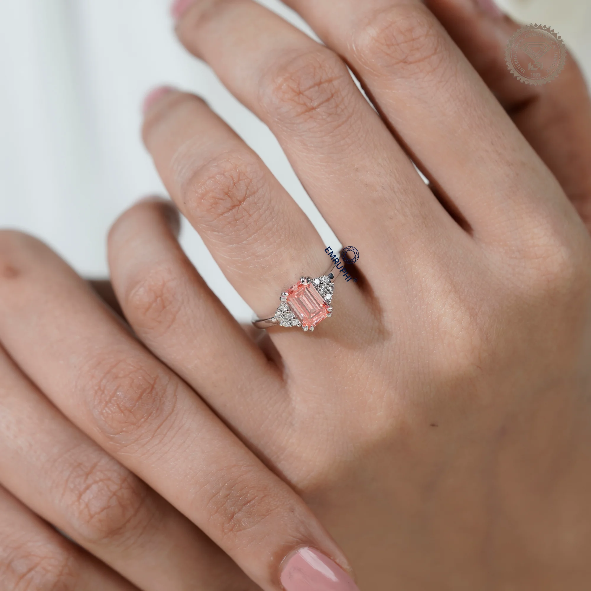 Emerald Cut Vivid Pink Lab-Grown Diamond Cluster Ring, Nature Inspired Ring, Emerald Cluster Ring, Emerald Wedding Ring in 18k Gold — view 8