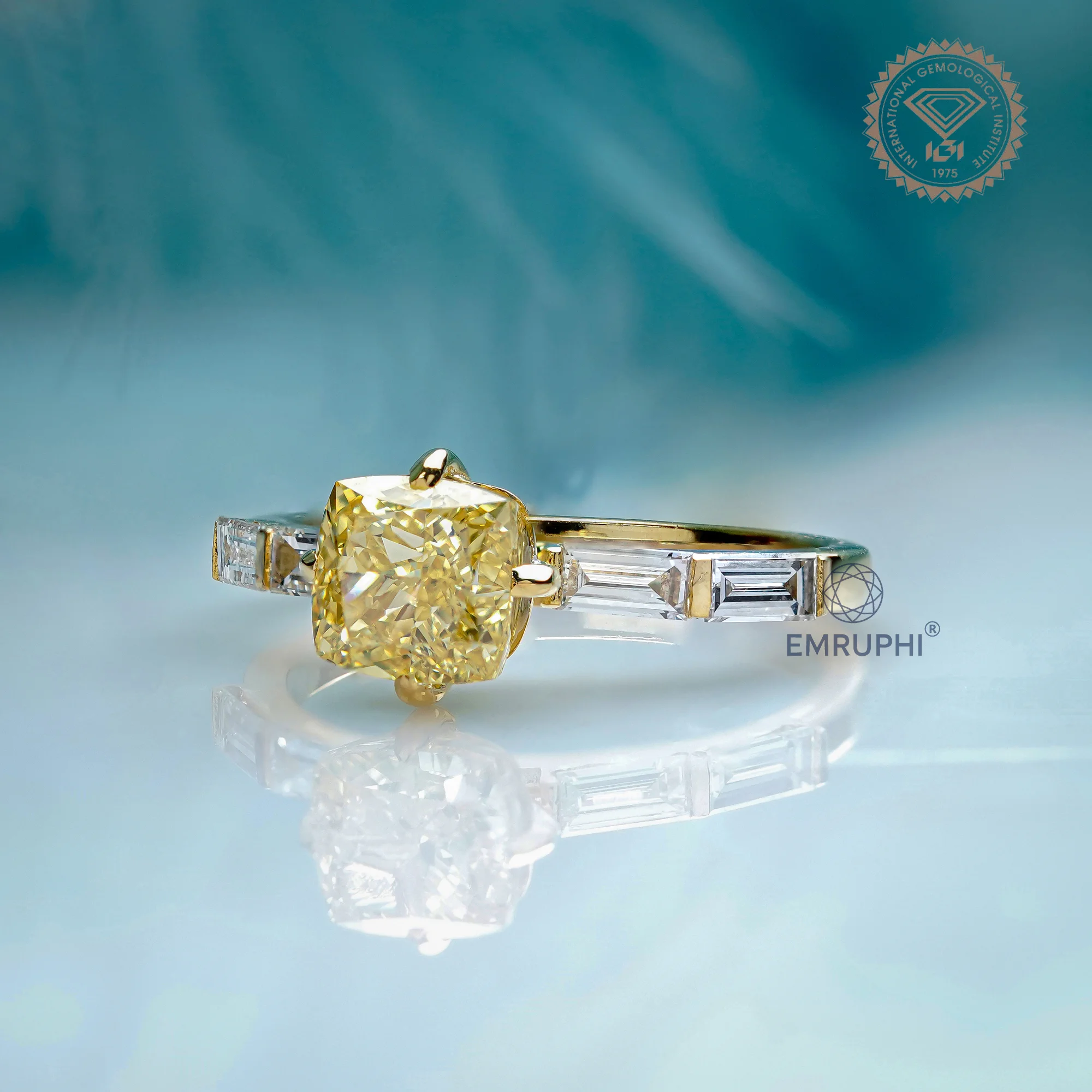 1.5 CT Vivid Yellow Cushion Cut Lab Diamond Ring, 18k Gold Baguette Side Stones — view 3