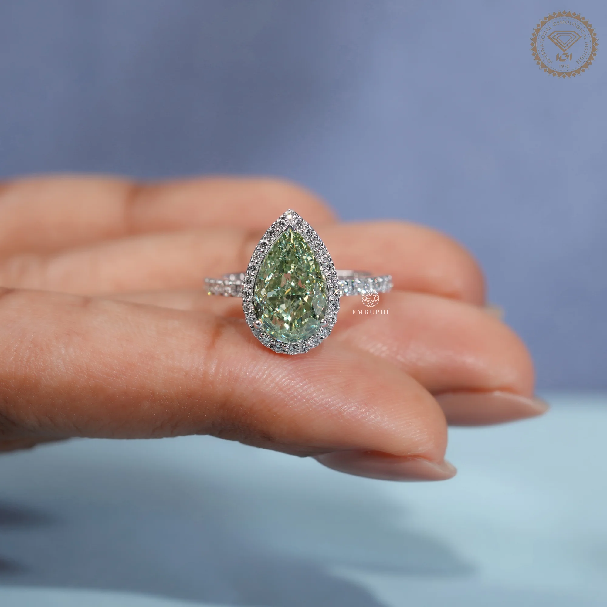 3.5 CT Pear Vivid Green Lab Grown Diamond Halo Ring, IGI Certified, Green Diamond Engagement Ring — view 5
