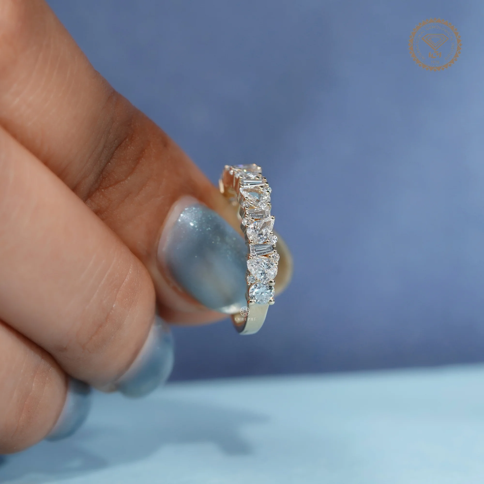 Pear and Baguette Lab Grown Diamond Wedding Band, Mixed Shape Diamond Half Eternity Ring — view 6