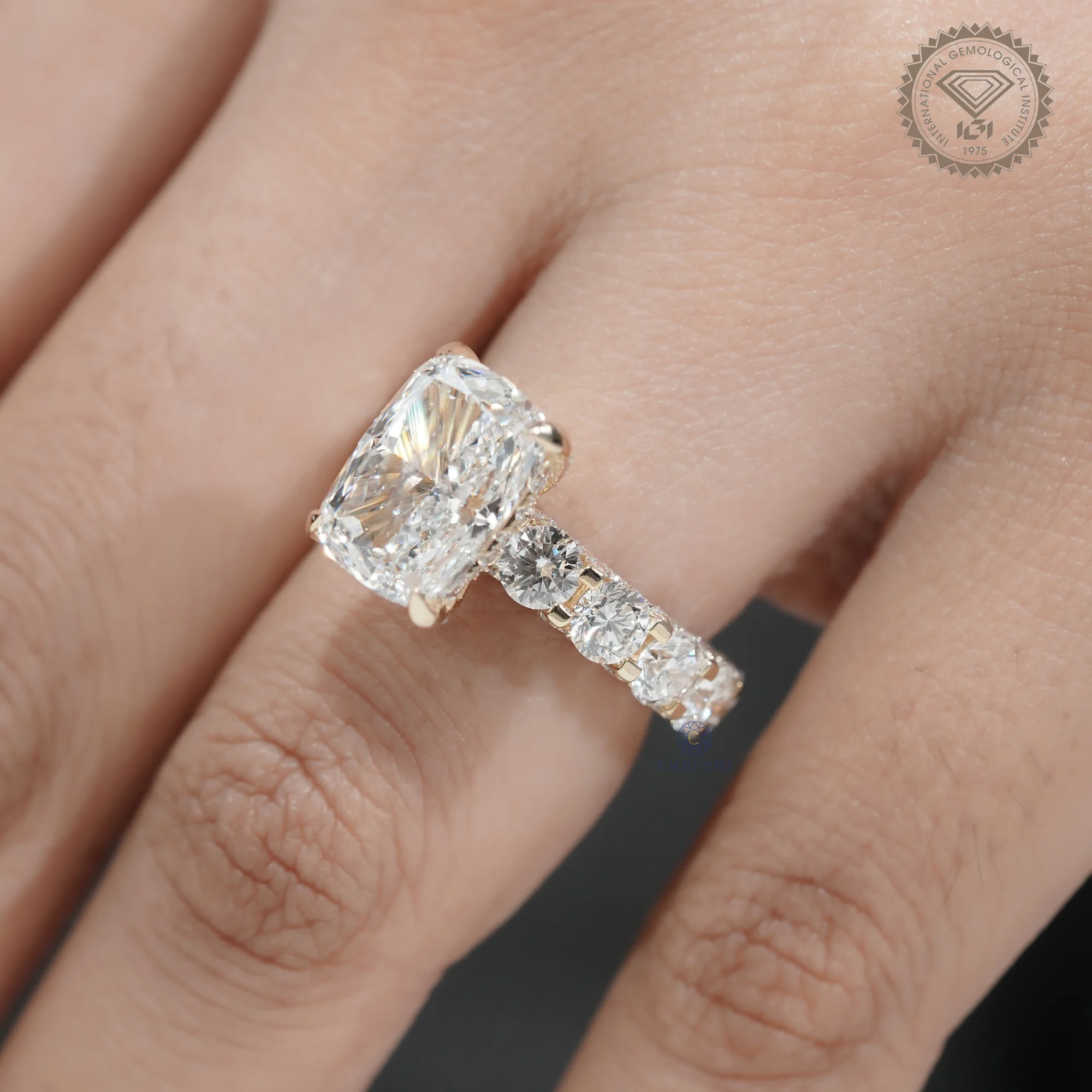 5 CT Cushion Cut Lab Grown Diamond Engagement Ring, Round Diamond Band Ring, 14K Gold Bridal Ring — view 10