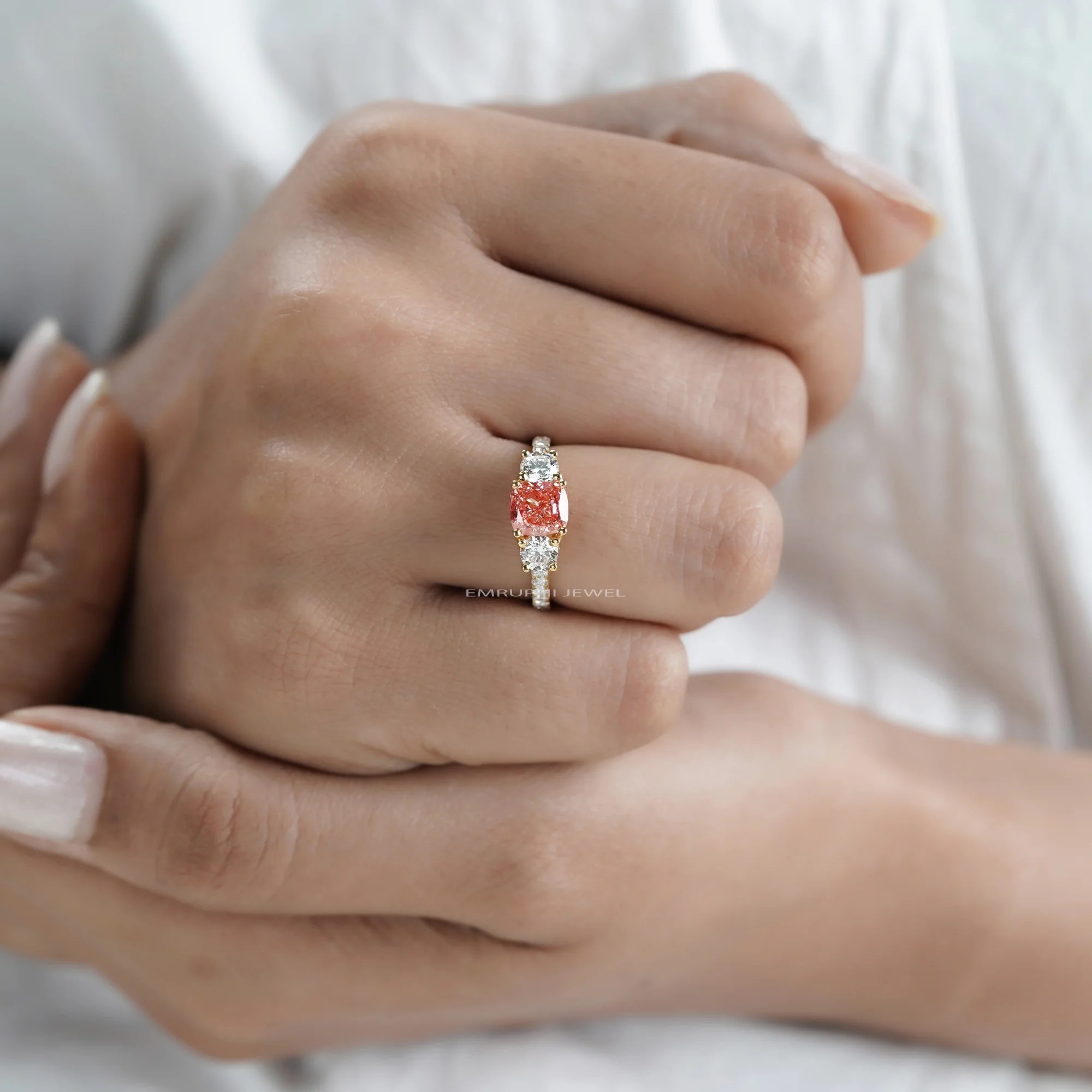 Pink Cushion Lab Grown Diamond Ring, 14K Yellow Gold Three Stone Engagement (IGI Certified) — view 6