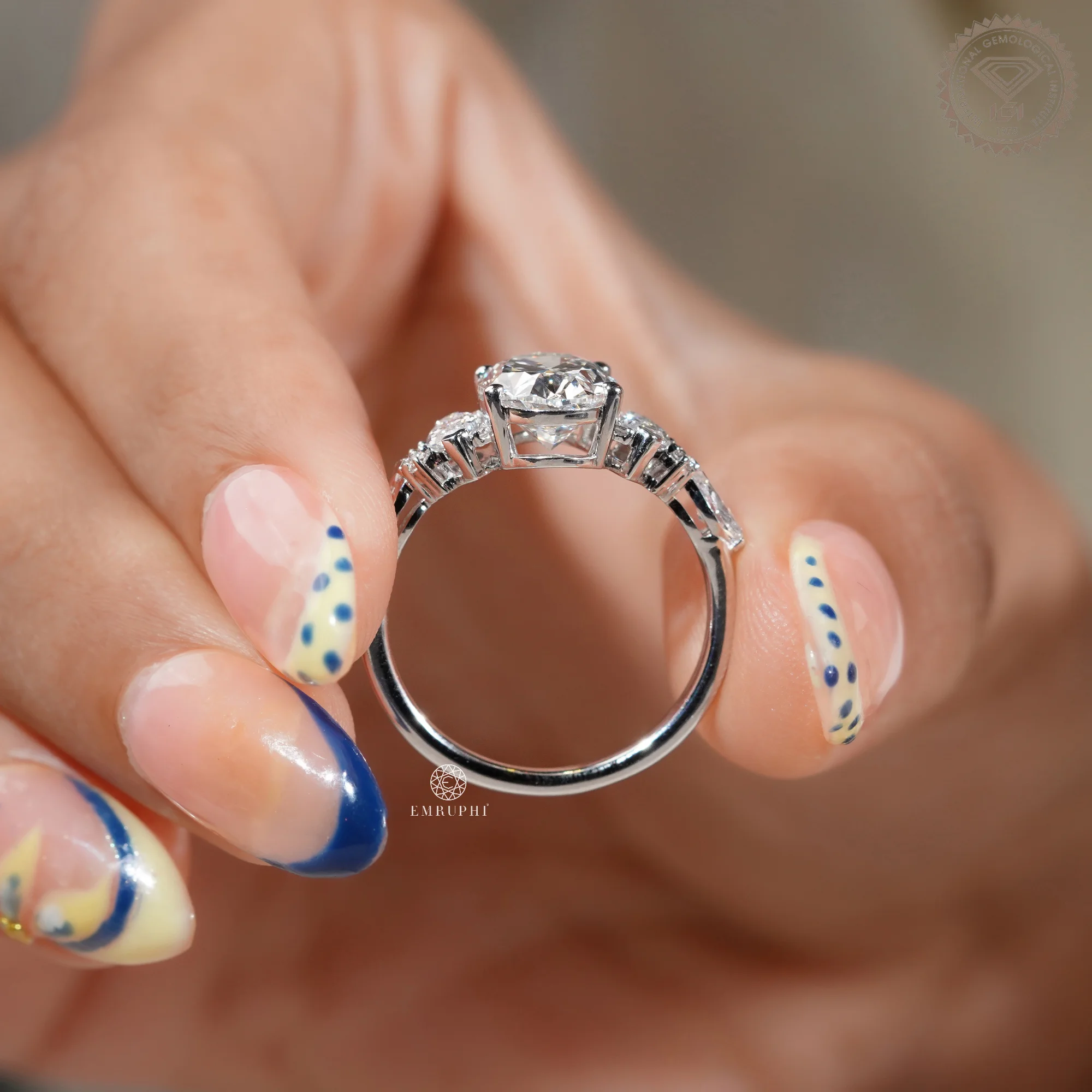 Oval Cut Lab Grown Diamond Engagement Ring, IGI Certified, Marquise Side Stones — view 6