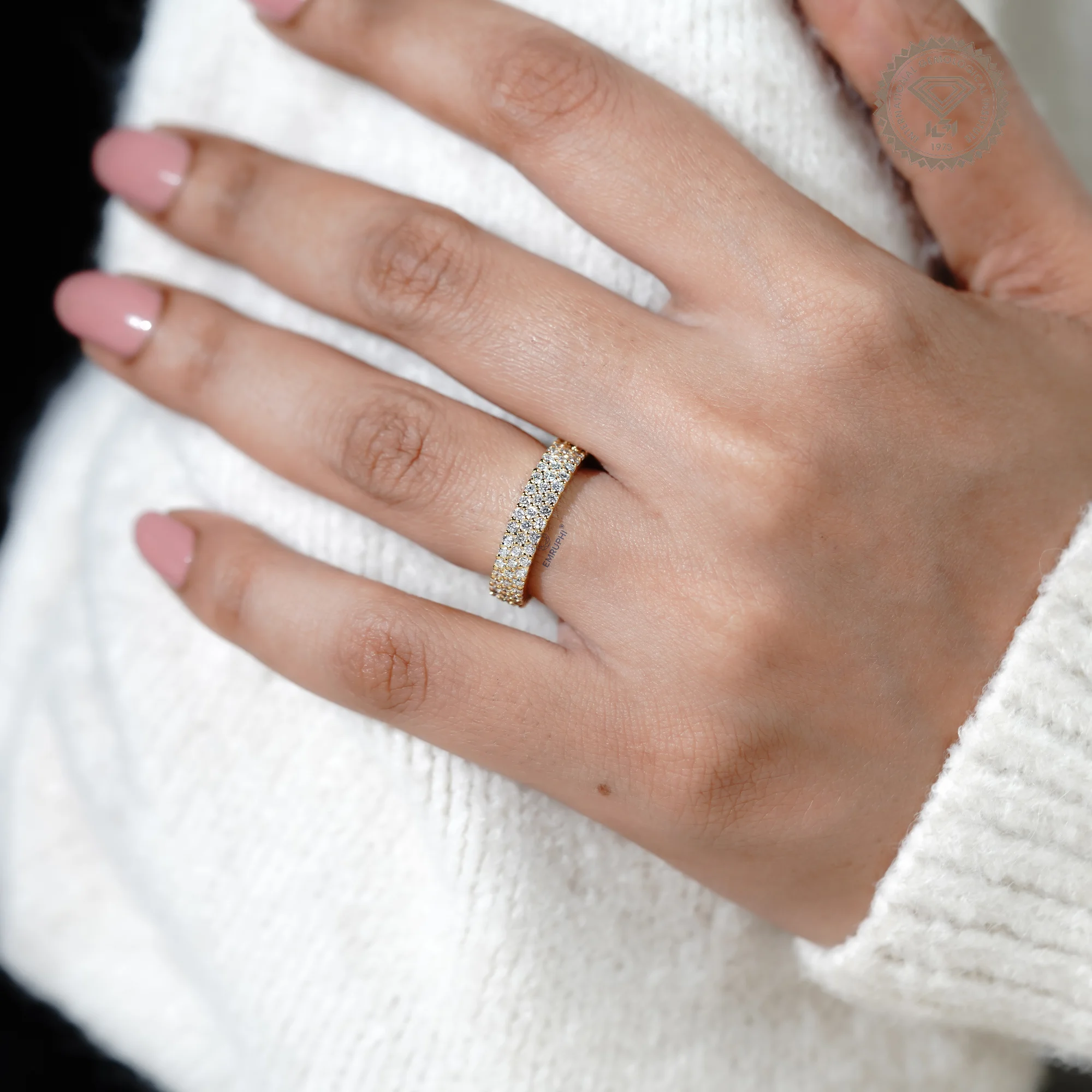 Three Row Lab Diamond Full Eternity Band, Stackable Gold Wedding Ring — view 9