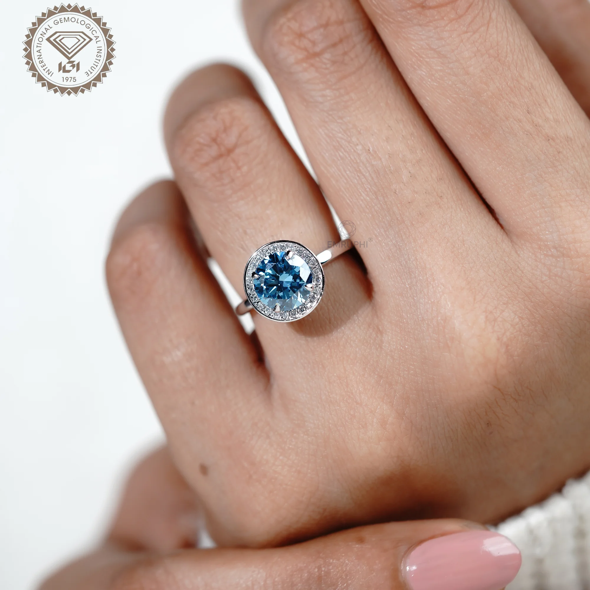 2.00 CT Vivid Blue Round Cut Wedding Ring, Bezel Diamond Engagement Ring, Color Lab Grown Diamond Ring — view 8