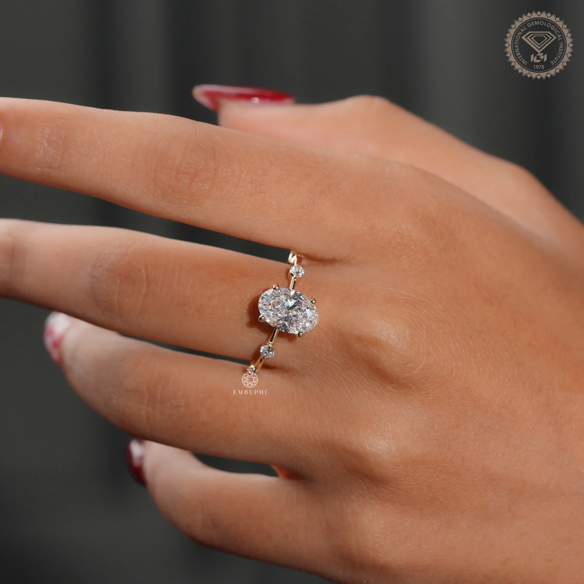 Oval Cut Lab Grown Diamond Engagement Ring, Distance Band Oval Ring, Floating Diamond Shank — view 7