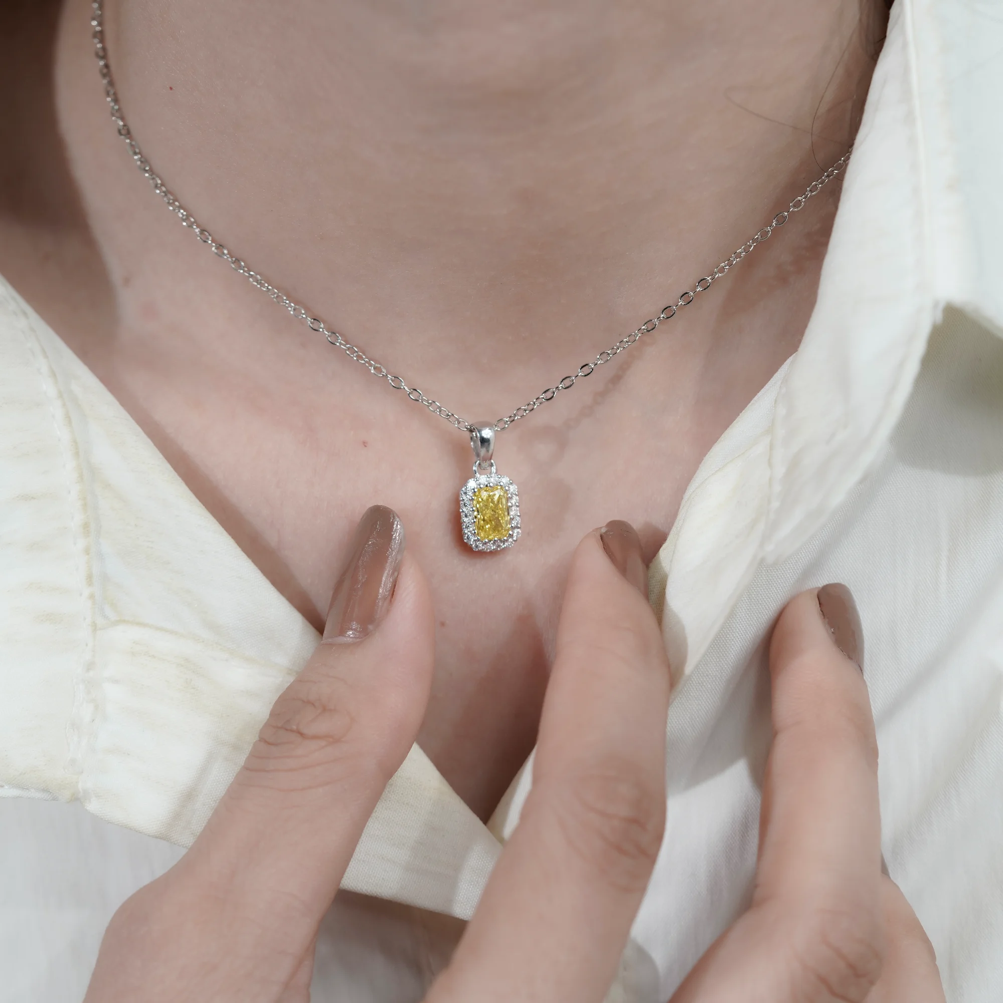 Vivid Yellow Radiant Cut Lab Diamond Pendant, 10K White Gold Double Halo Necklace — view 9