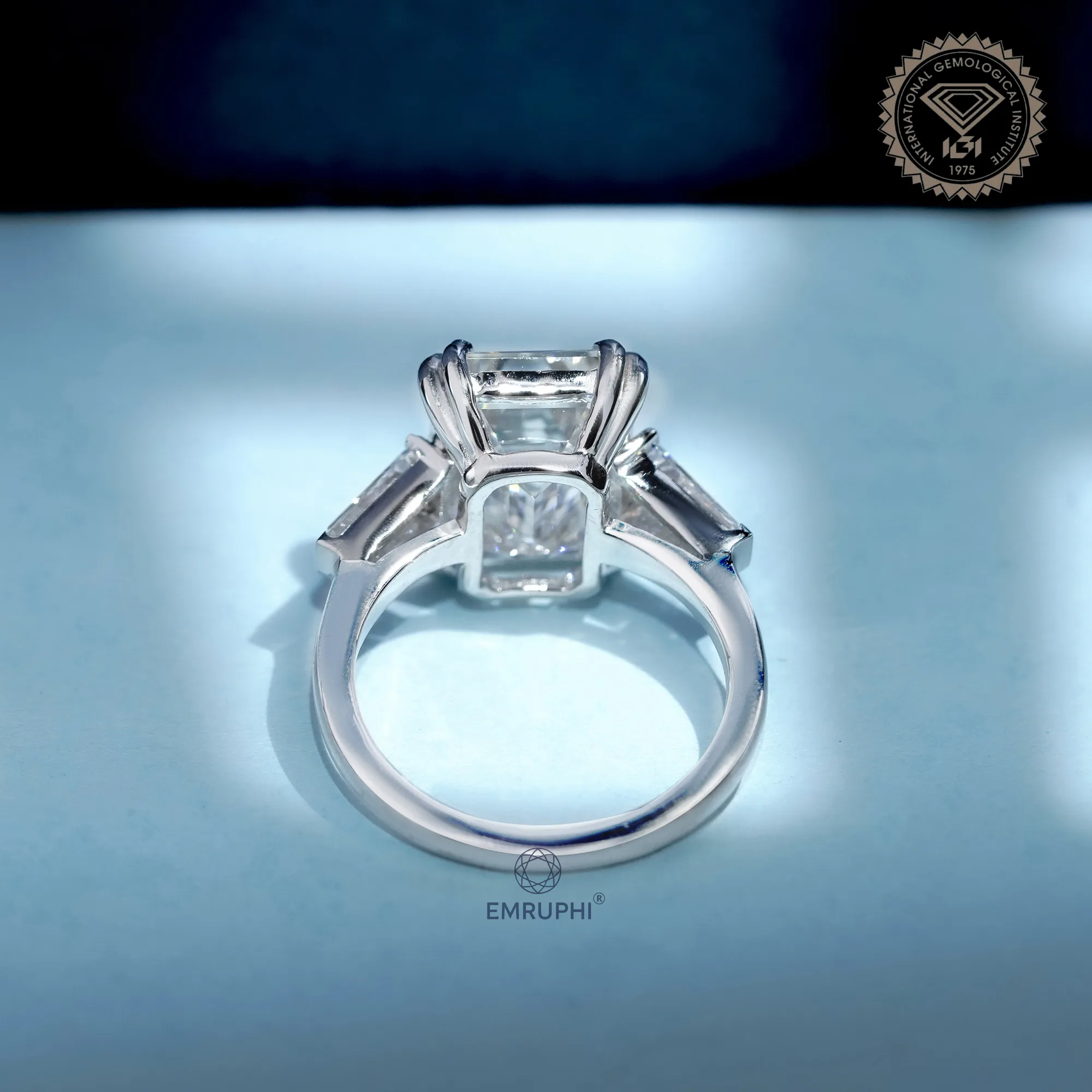 7 Carat Emerald Cut Lab Grown Diamond Engagement Ring | Trapezoid Side Stones — view 4