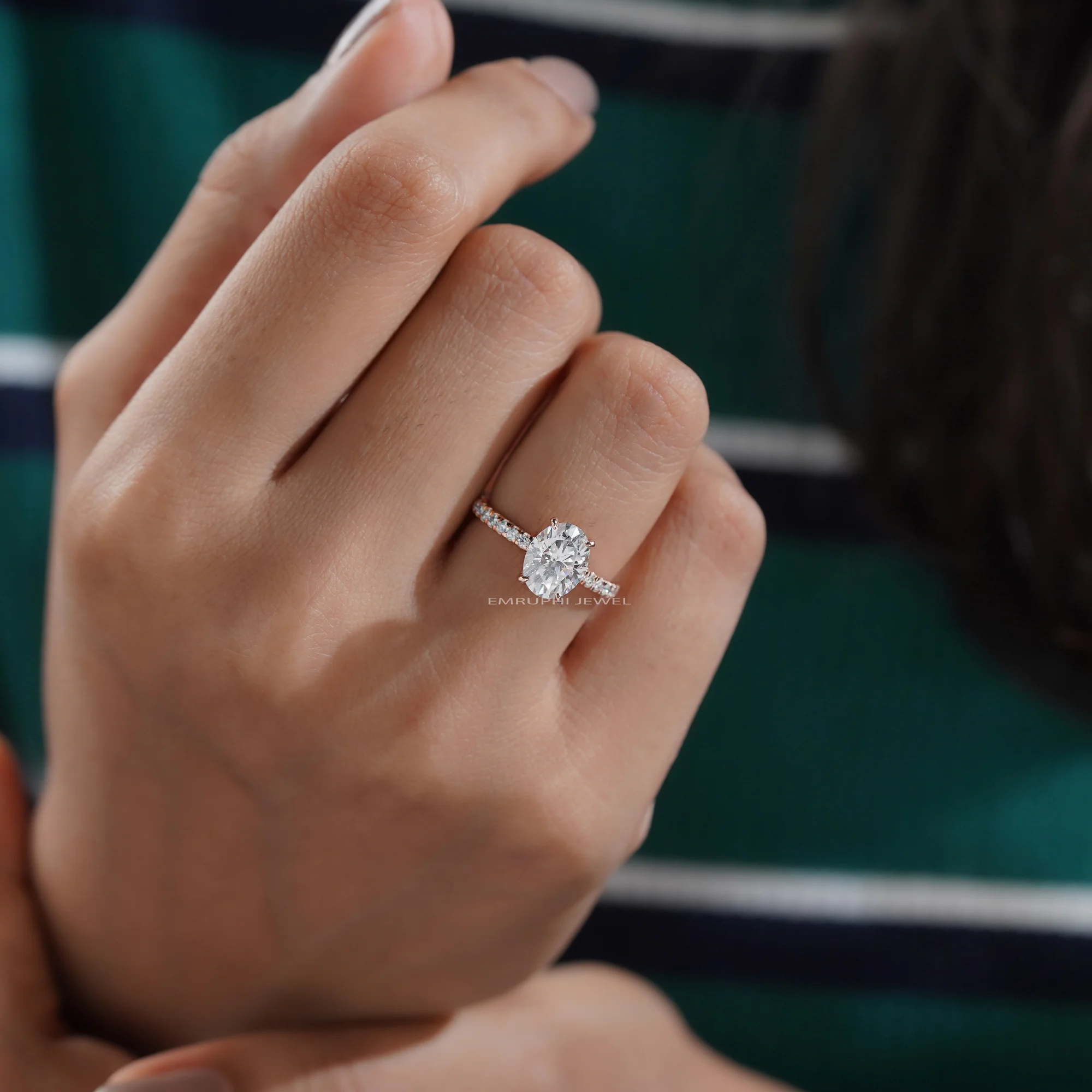 14K Solid Gold Engagement Ring With Pave, 1.5 CT Oval Lab Grown Diamond Ring — view 10