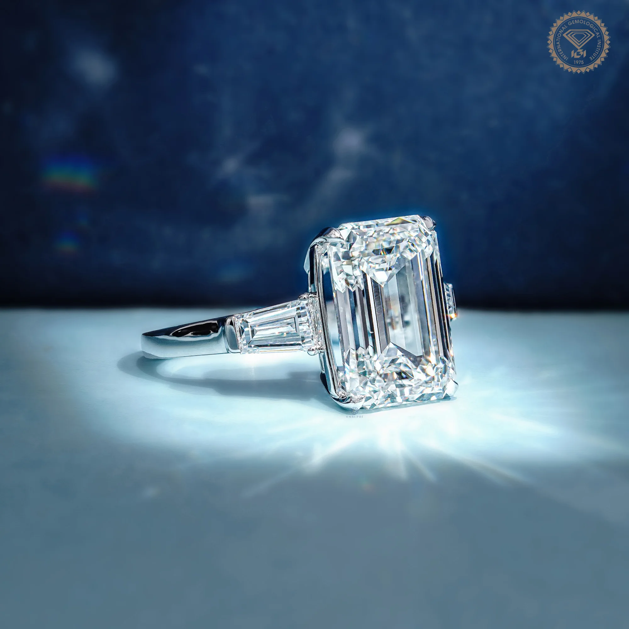 6 CT Emerald Cut Lab Grown Diamond Ring, Tapered Baguette Three Stone Engagement Ring, IGI Certified — view 3