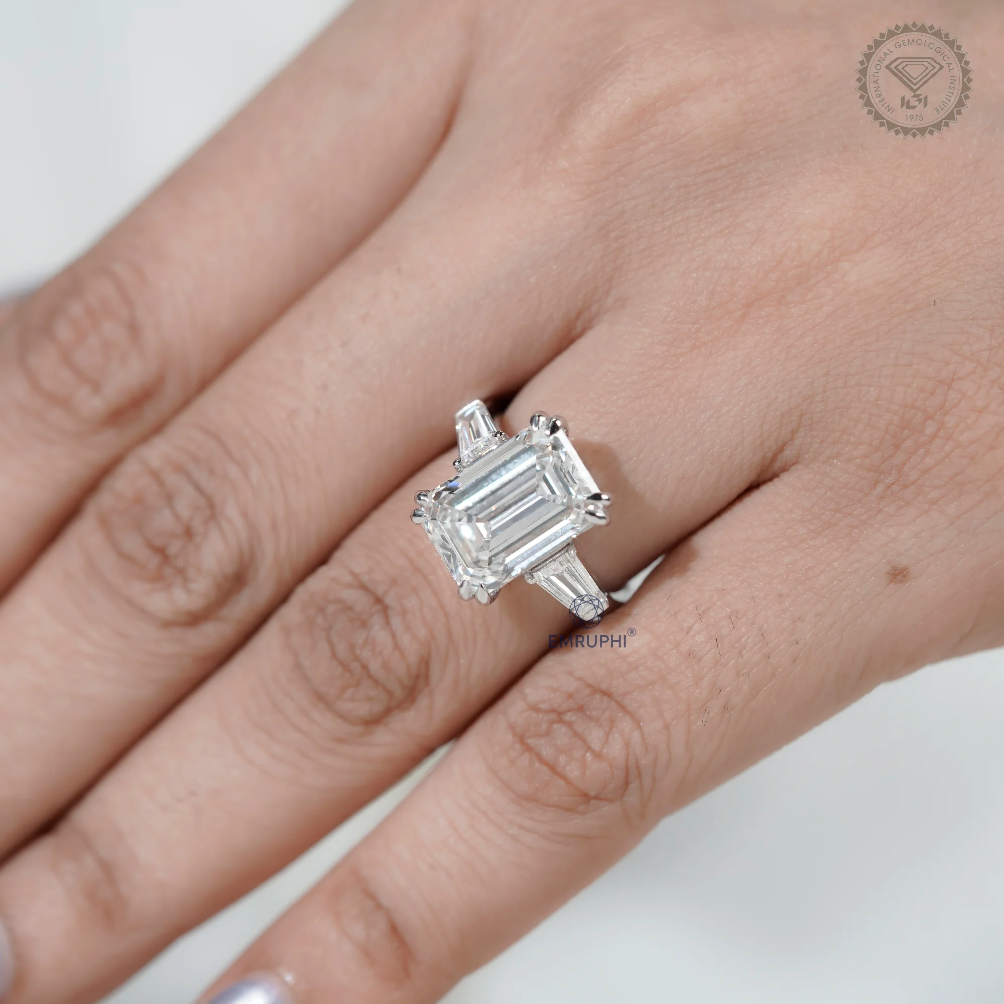 7 Carat Emerald Cut Lab Grown Diamond Engagement Ring | Trapezoid Side Stones — view 14