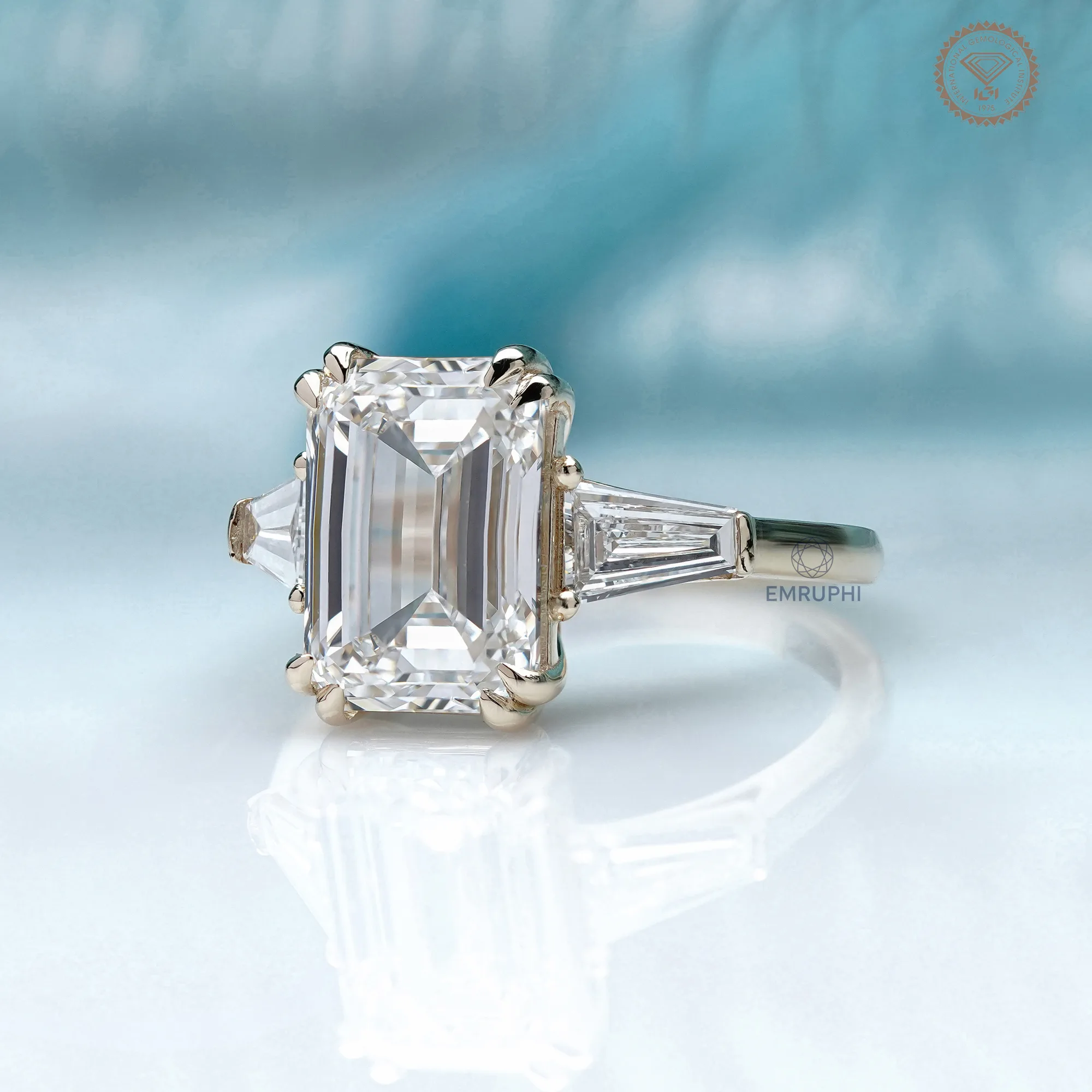 5 Carat Emerald Cut Lab Grown Diamond Engagement Ring , Trapezoid Side Stones — view 2