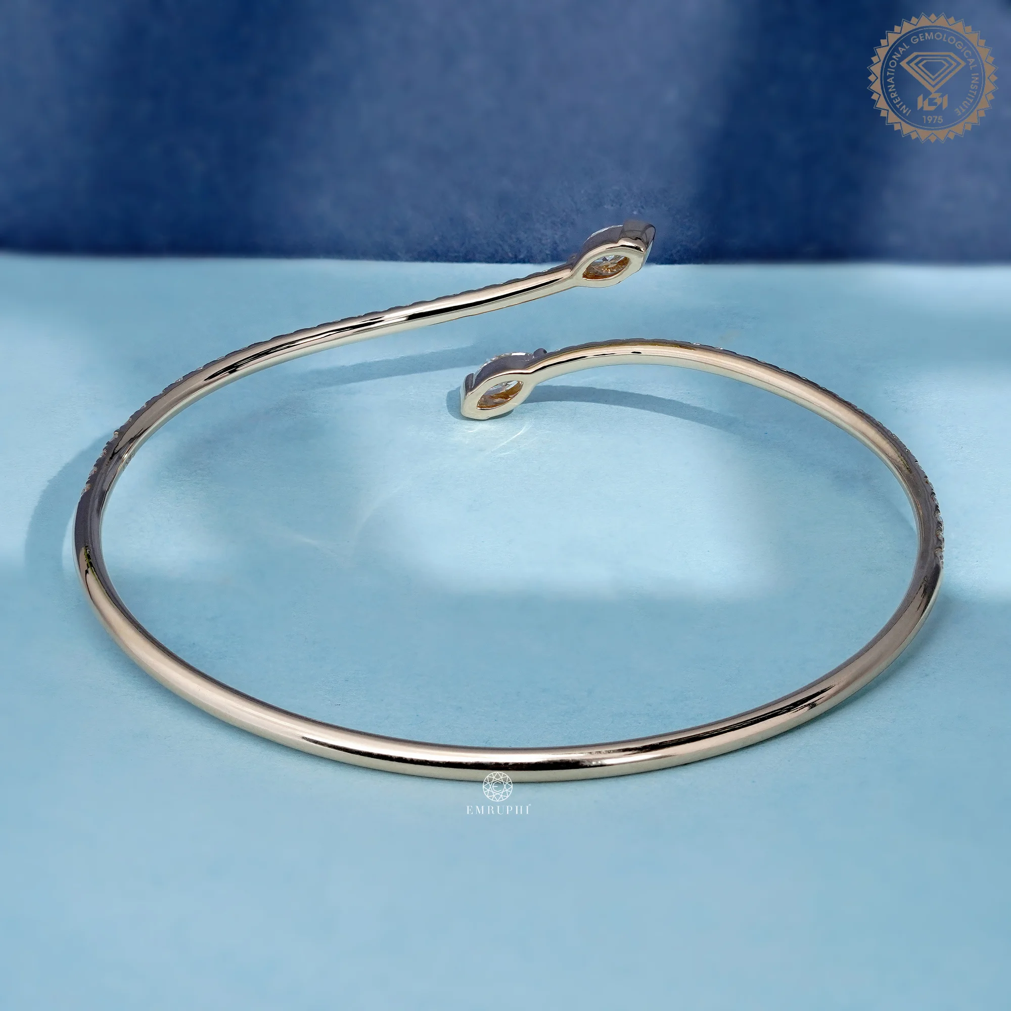 Open Cuff Diamond Bangle Bracelet, Marquise Pave Bracelet, 14K Cross Over Bangle — view 5