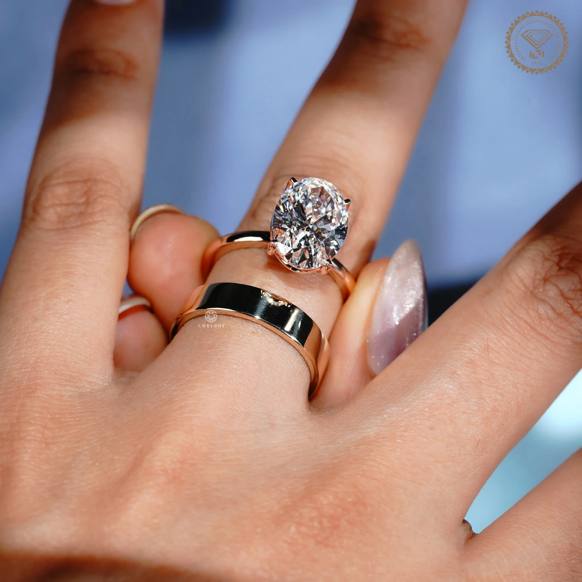 5 CT Oval Lab Grown Diamond Engagement Ring & 5mm Plain Gold Band Ring Set — view 3