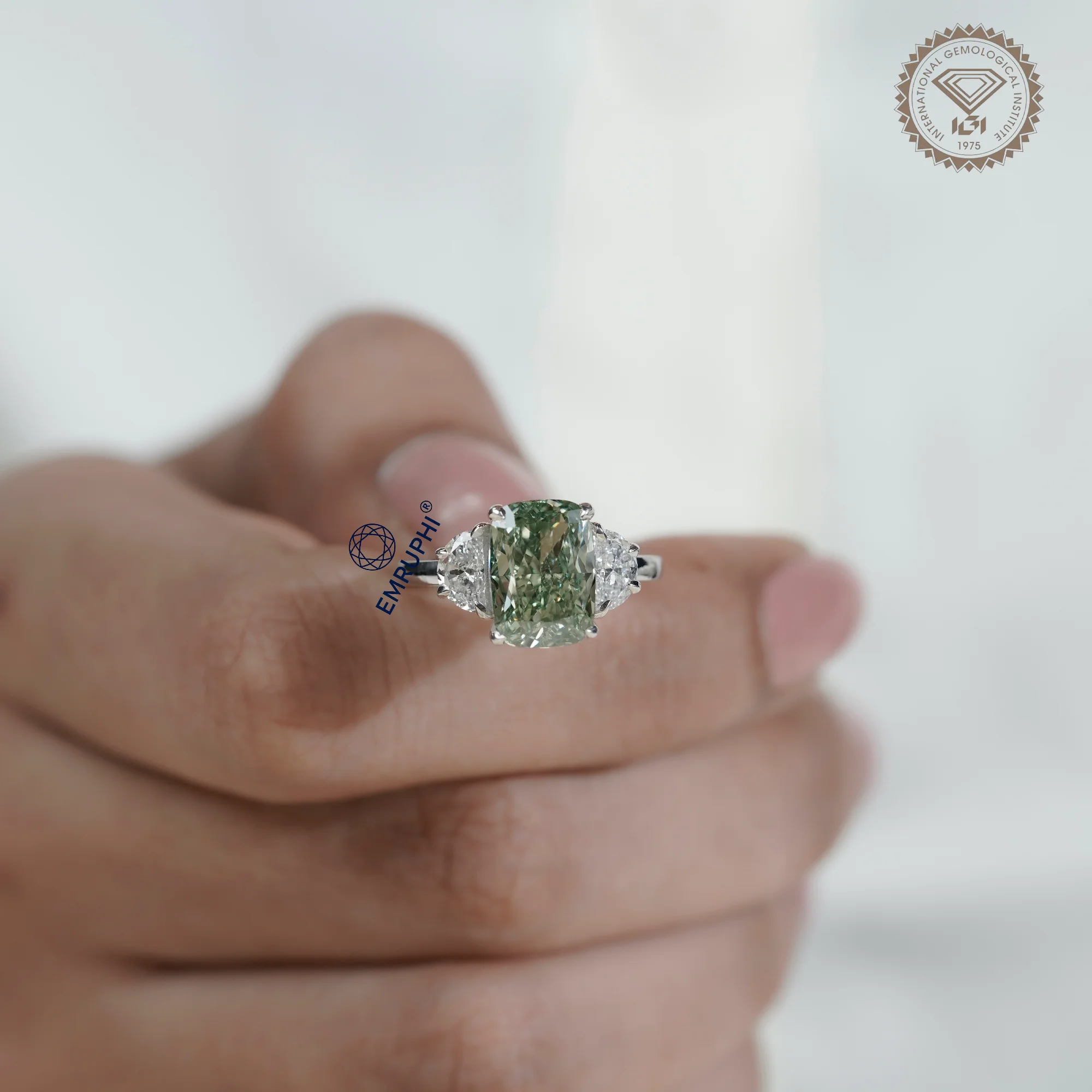 Vivid Green Cushion Diamond Three Stone Ring, 14K Gold Engagement Ring (IGI Certified) — view 5