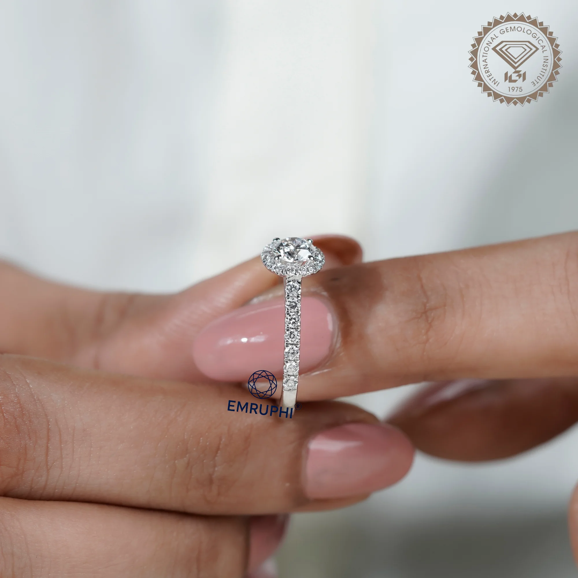 1.00 CT Round Halo Diamond Engagement Ring, Pave Band Halo Ring — view 15