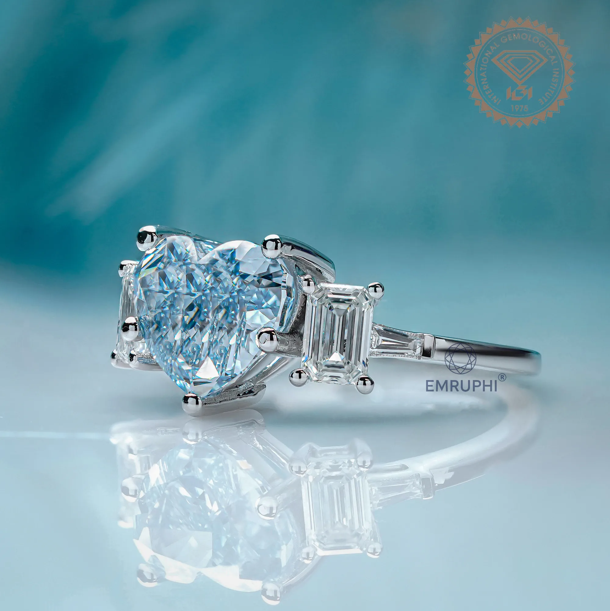 Heart Cut Vivid Blue Lab Diamond Ring, 14k Gold Emerald Accented Engagement Ring — view 2