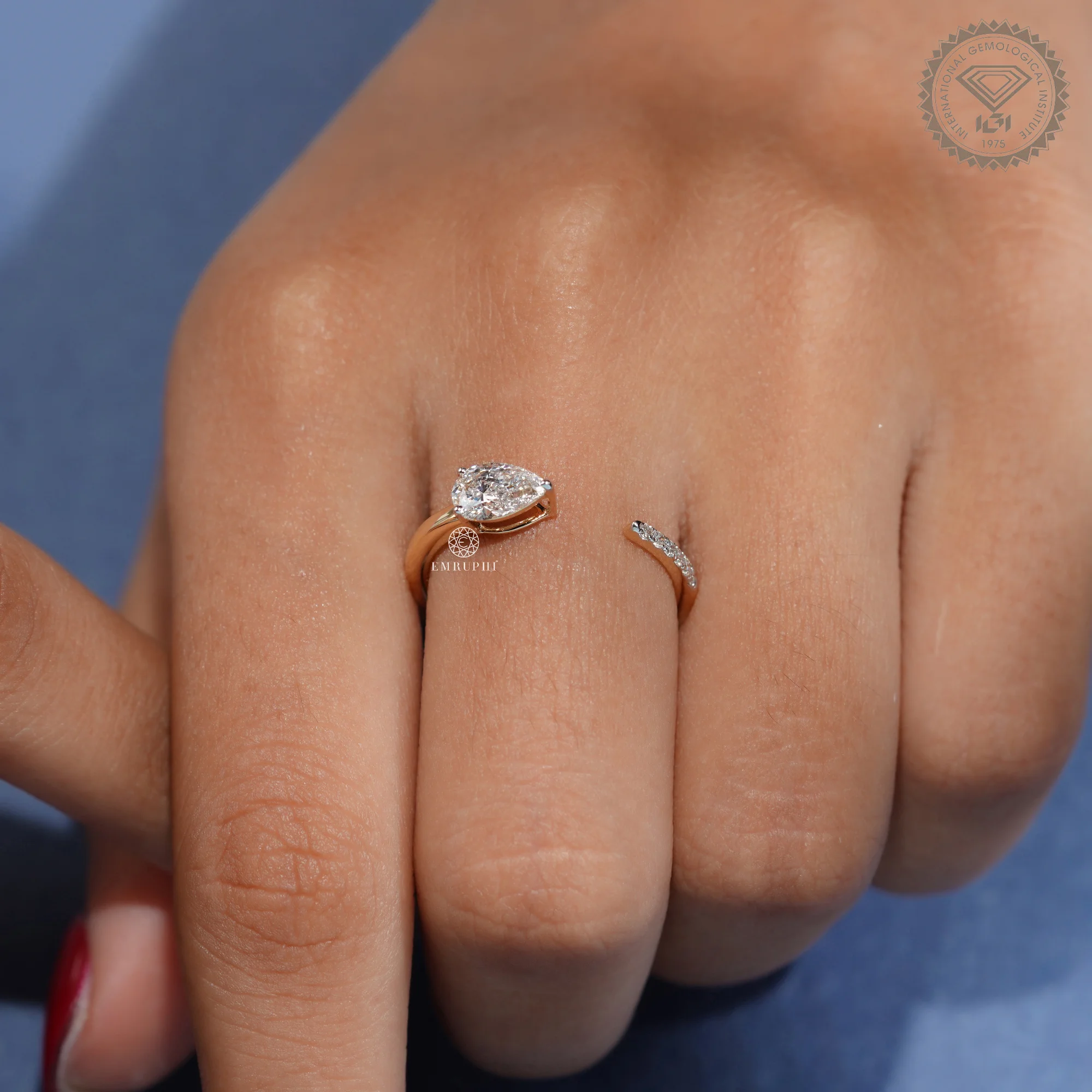Pear Cut Lab Grown Diamond Open Ring, IGI Certified Bypass Engagement Ring — view 9